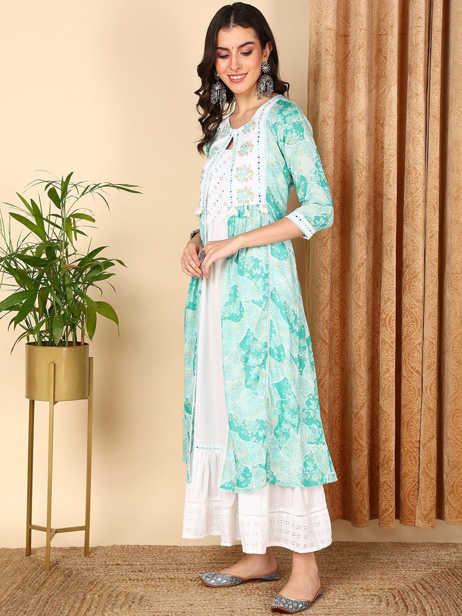 Vaamsi Turquoise Cotton Printed A-Line Dress With Jacket