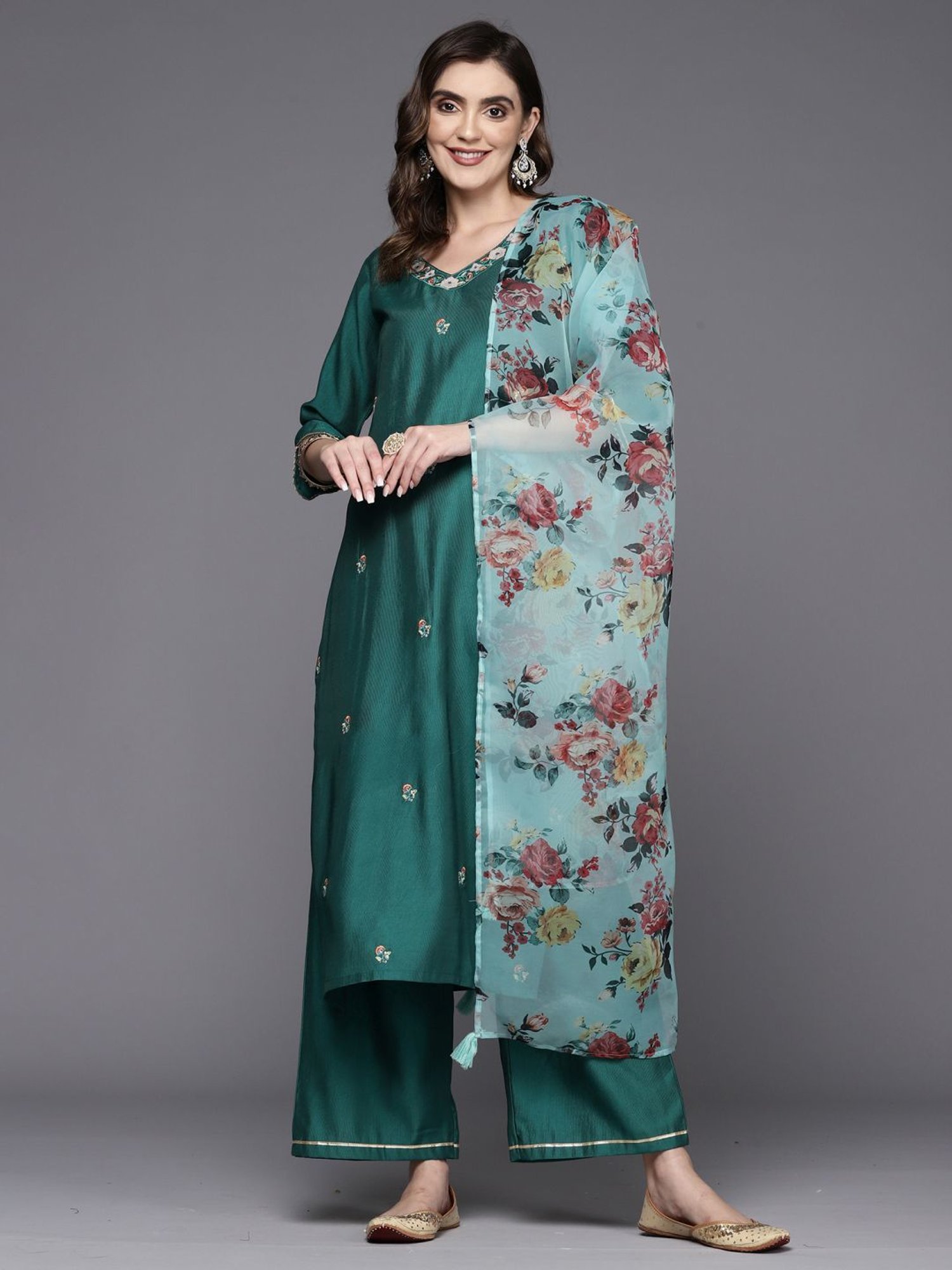 Indo Era Green Embroidered Kurta Palazzo Set With Dupatta