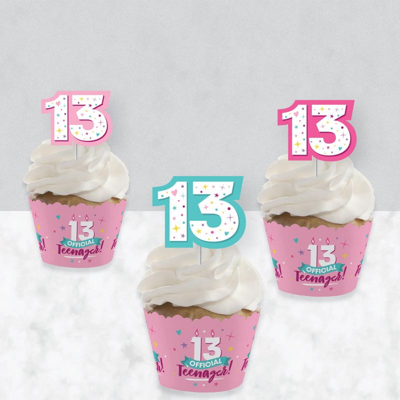 Big Dot of Happiness Girl 13th Birthday - Cupcake Decoration - Official Teenager Birthday Party Cupcake Wrappers and Treat Picks Kit - Set of 24