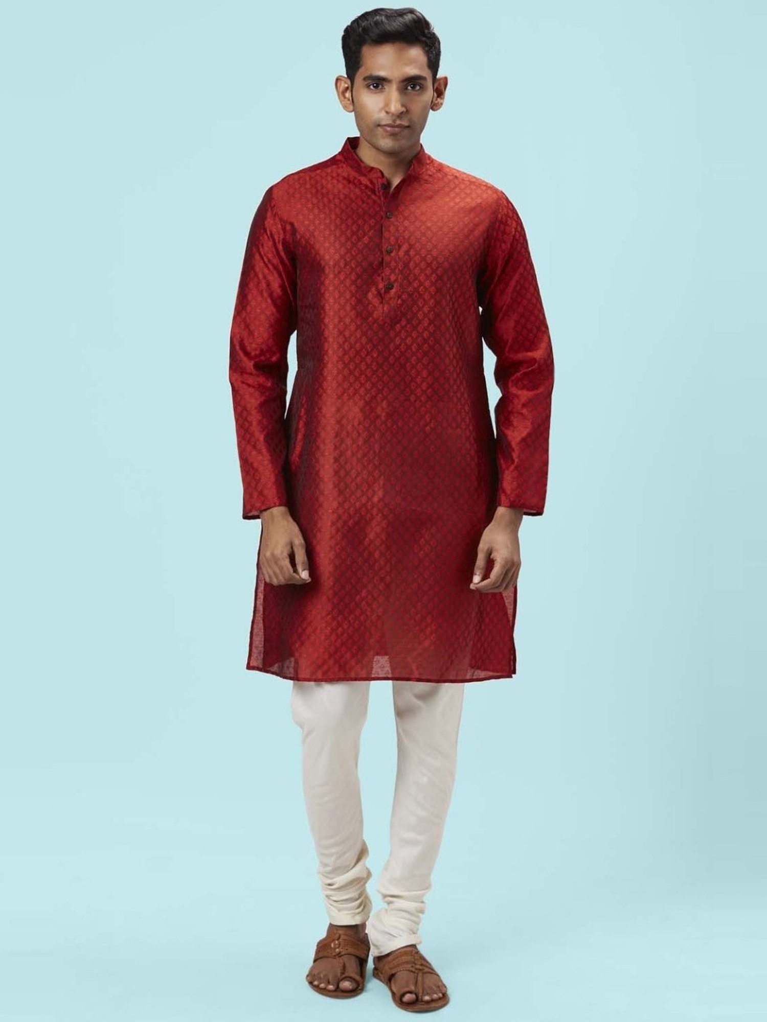 Indus Route by Pantaloons Maroon & White Regular Fit Self Pattern Kurta Bottom Set
