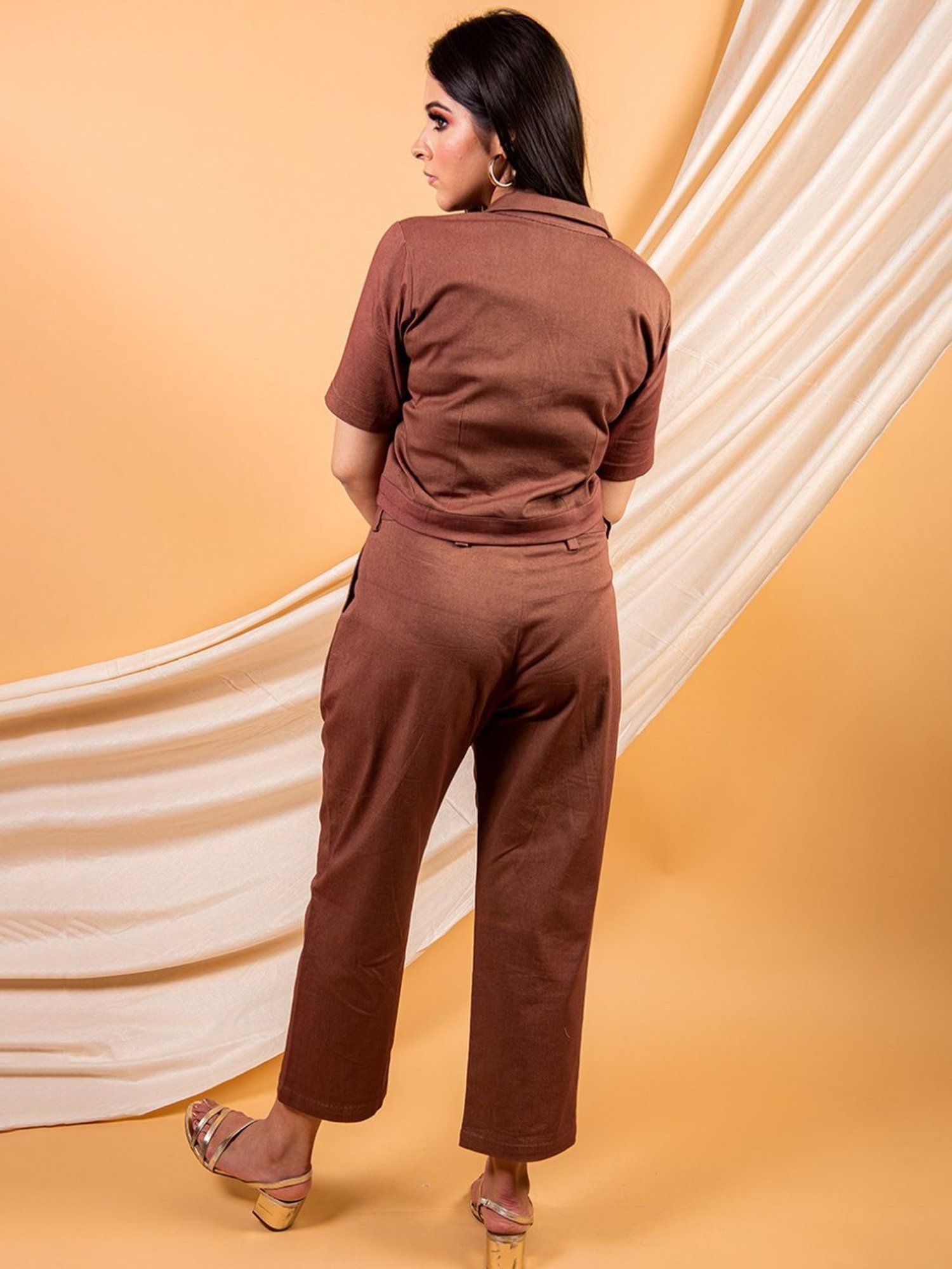 Priya Chaudhary Brown Umber Classic Crop Shirt and Pant In a Cotton Twill