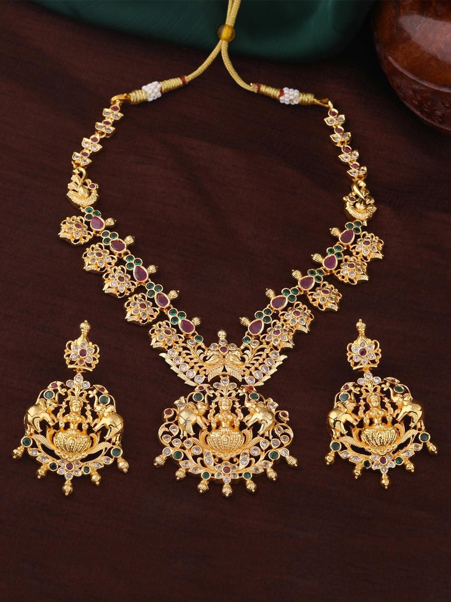 Estele Gold-Plated CZ Lakshmi Devi Embellished with Elephant Designer Necklace Set for Women