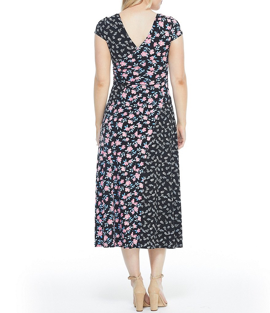 Maggy London Mixed Floral Print Jersey Surplice V-Neck Faux Wrap Midi Dress