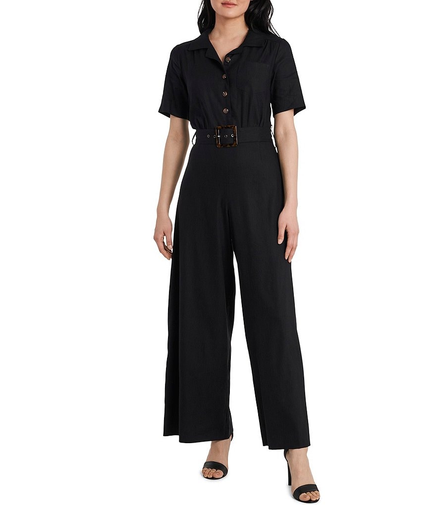 Vince Camuto Linen Blend Short Sleeve Button Front Jumpsuit