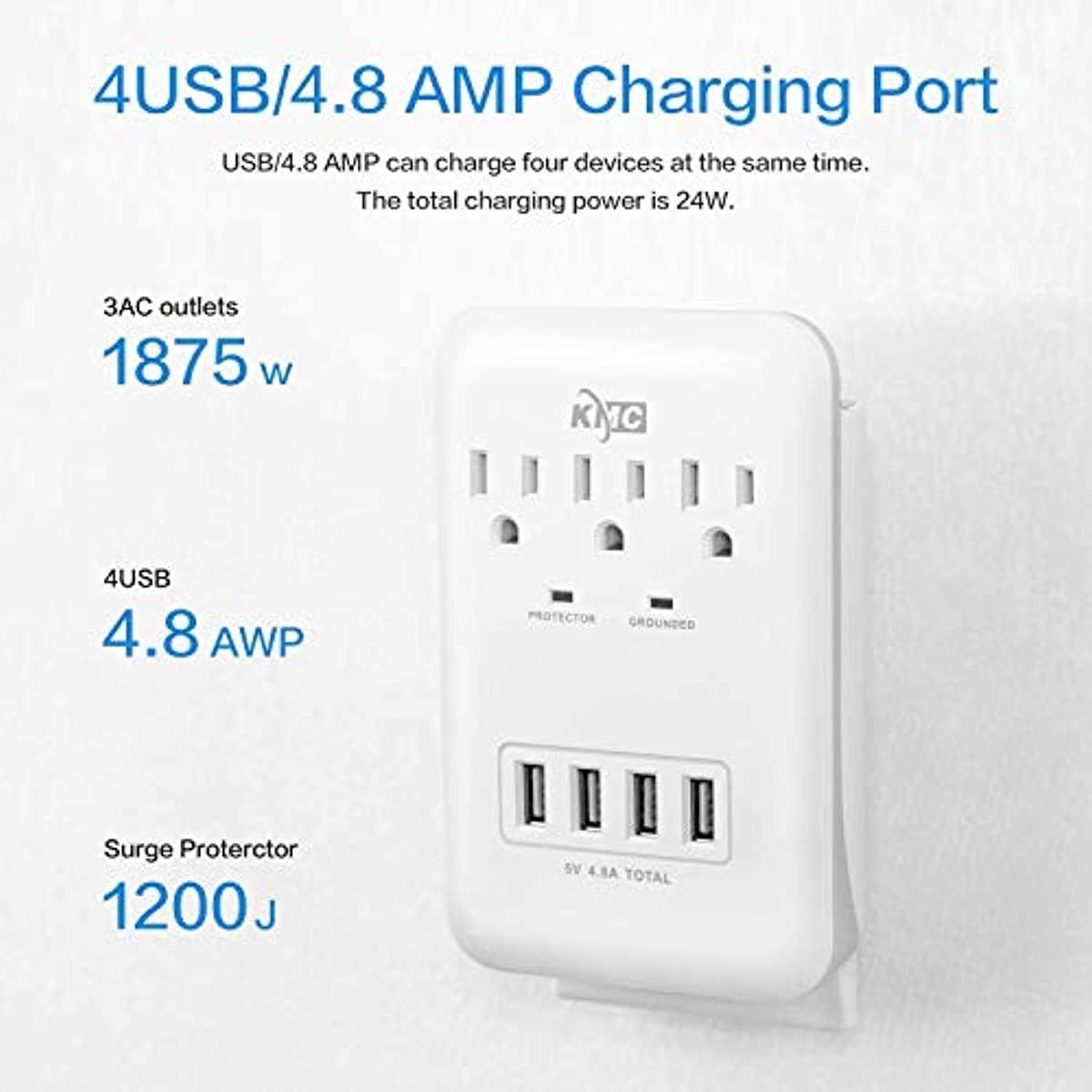 KMC 3-Outlet Wall Mount Surge Protector 900 Joules with 4.8 AMP USB Charging Ports, 4 USB Charging Ports and 1 Phone Holders for Home, School, Office, ETL Certified