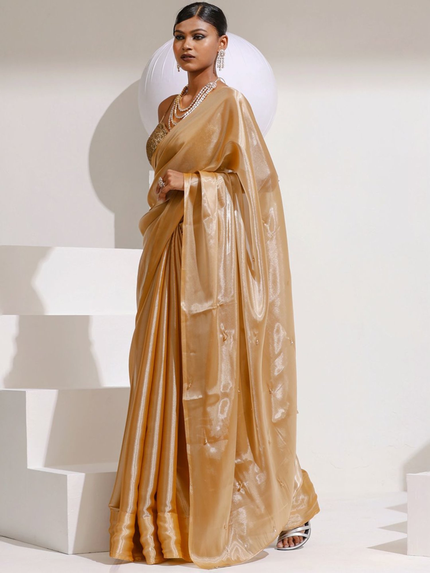 Swtantra Beige Embellished Saree With Unstitched Blouse