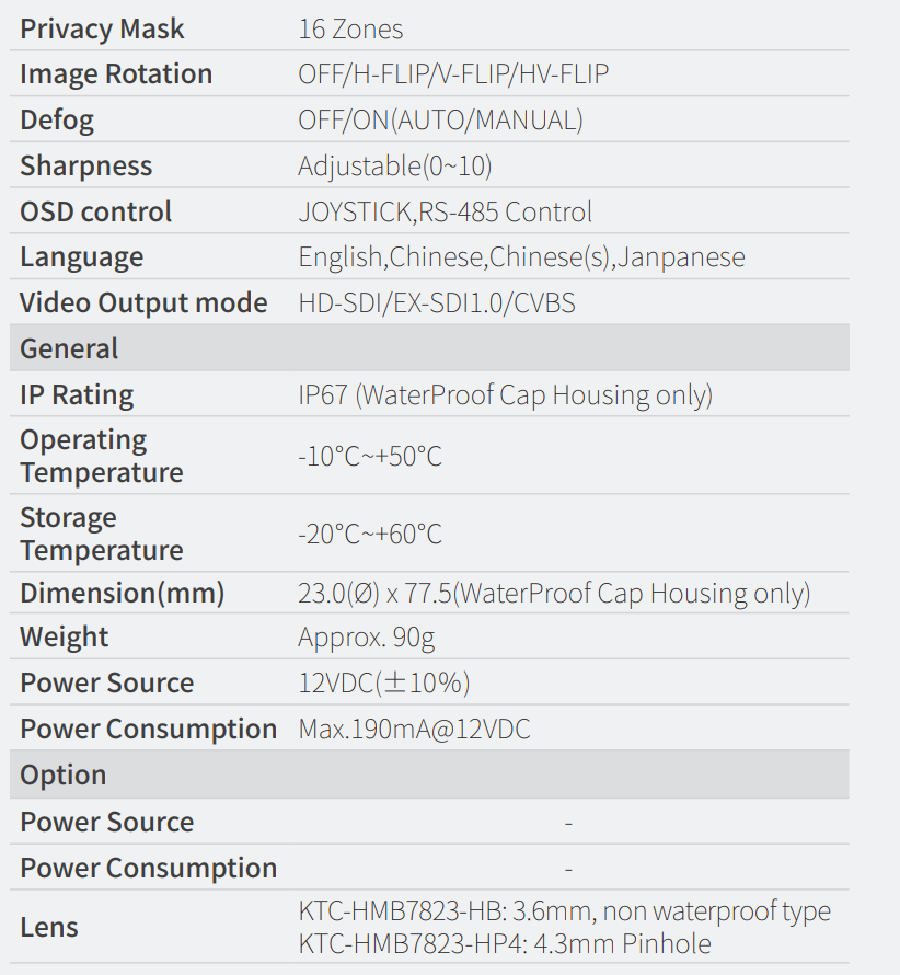 KTnC KTC-HMB7823-HWX HD-SDI, EX SDI bullet camera Full 1080p 2 Megapixel, 3.6mm lens, Sony CMOS, OSD joystick ( New Version of KPC-HDB230M )