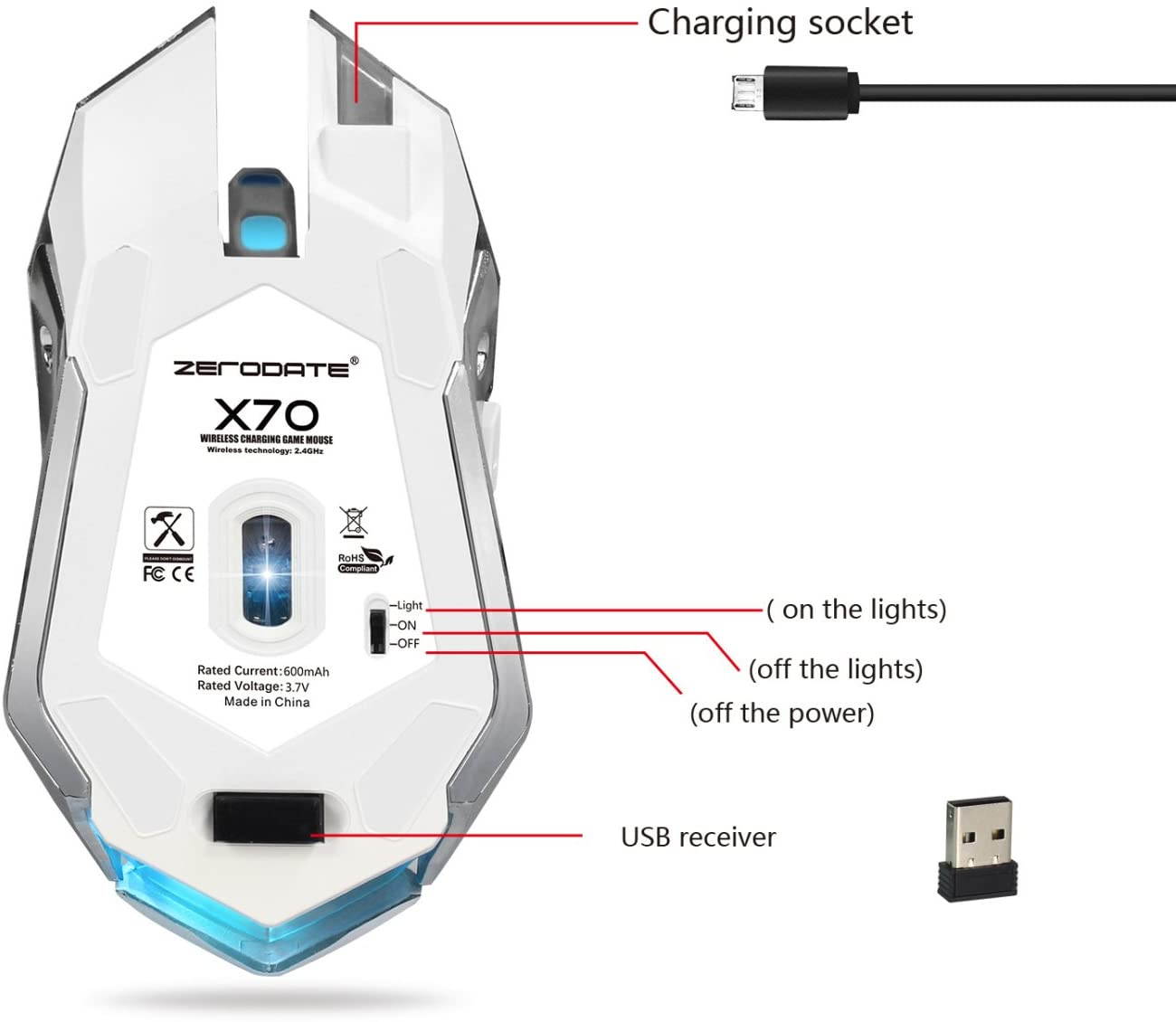 Wireless Gaming Mouse, 2.4GHZ Rechargeable Wireless Computer Game Mice Built in with 600mAh Battery