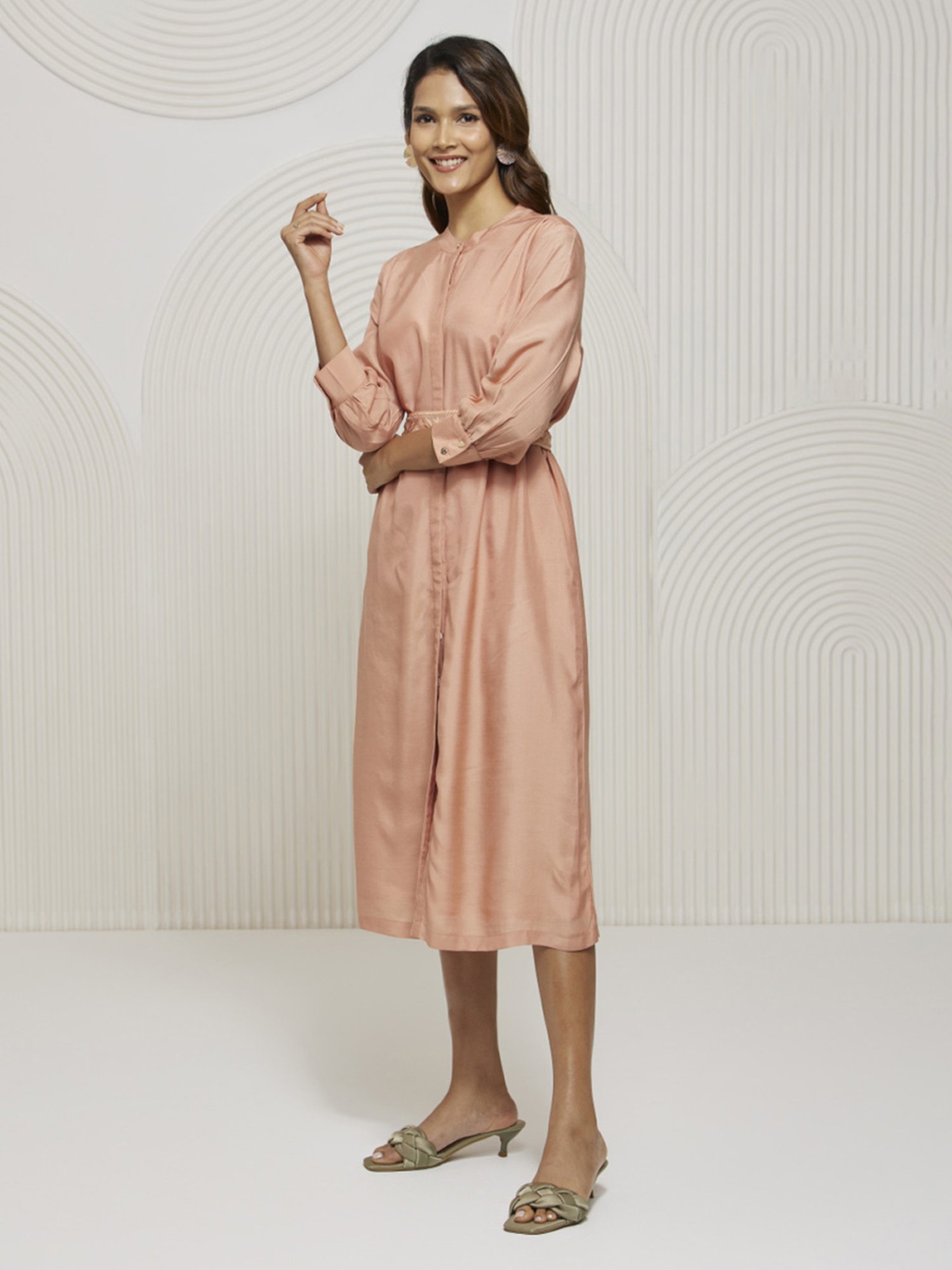 Artagai Salmon Pink Shift Dress with Embroidered Belt