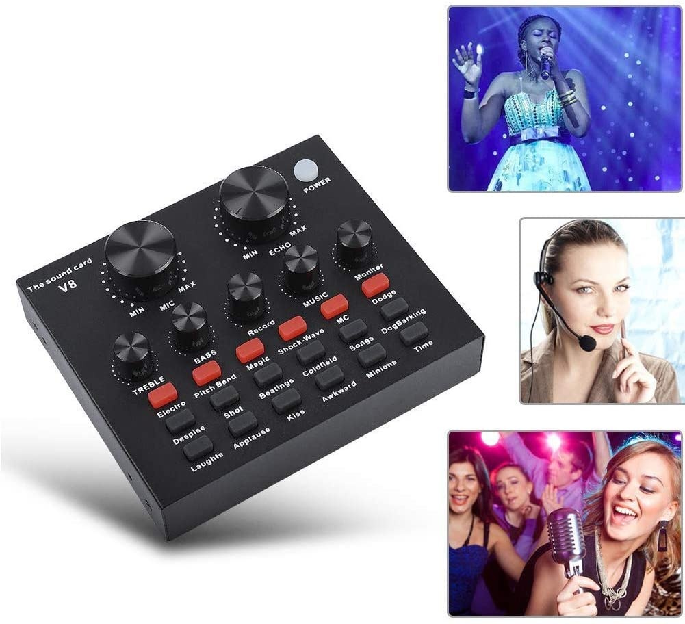 V8-Live Sound Card, Audio Mixer USB External Sound Card Headset Microphone Live Sound Card Karaoke for Double Cell Phone Live Computer PC Live Recording Home KTV Voice Chat