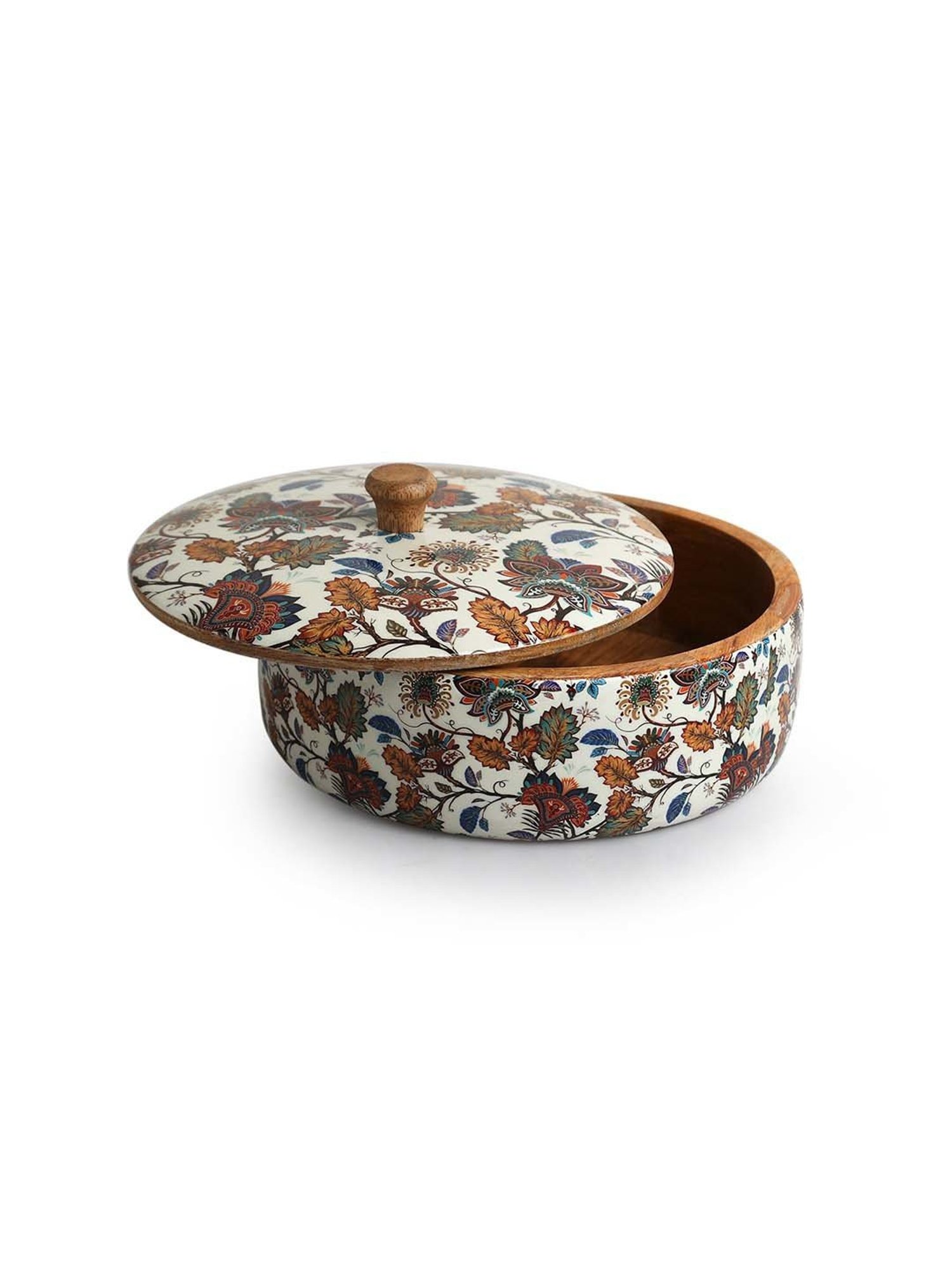 ExclusiveLane Mango Wood Floral Chronicles Hand-Enamelled Casserole Chapati Box With Lid (1.14 L)