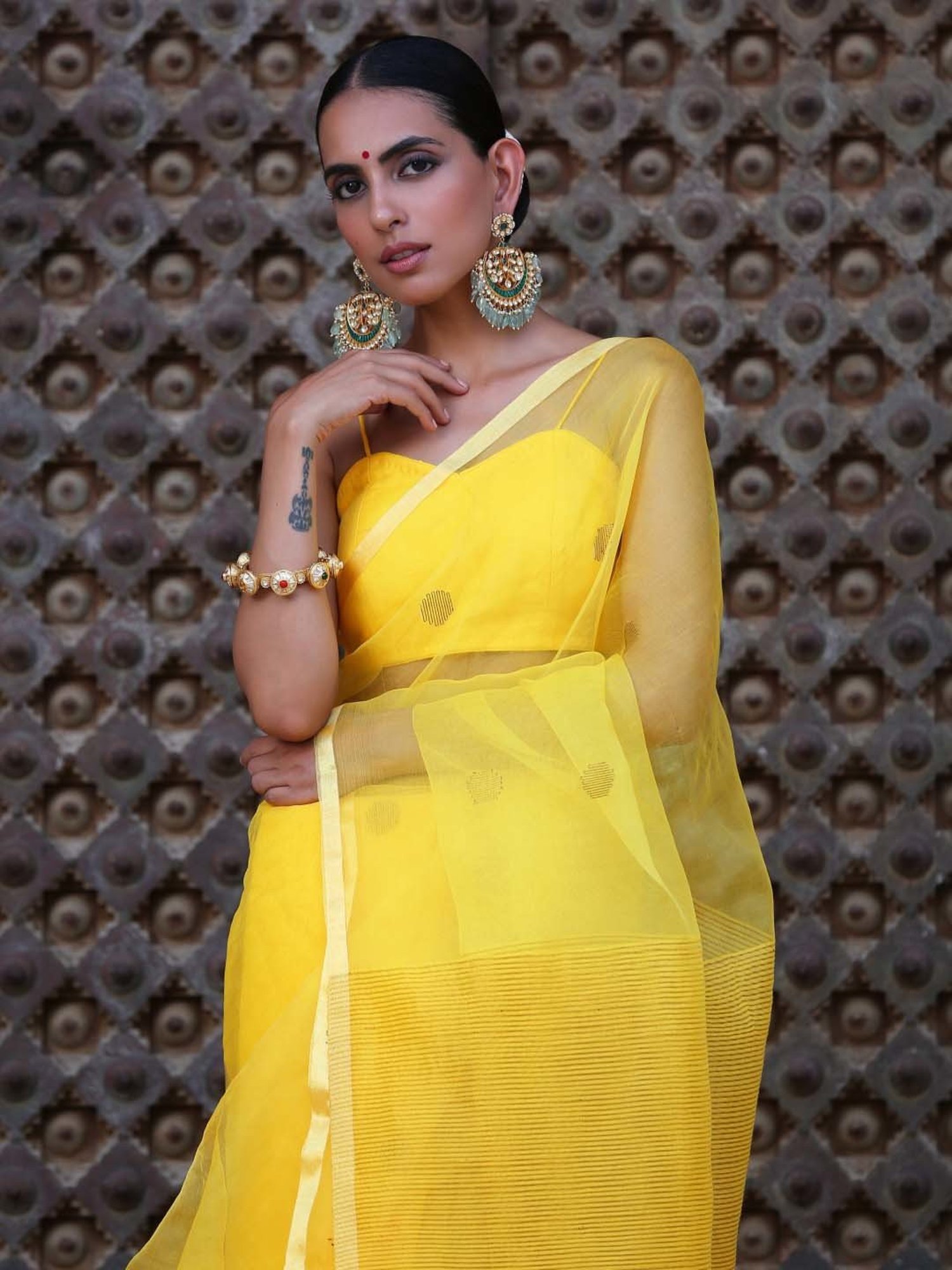 Swtantra Yellow Cotton Silk Embroidered Saree