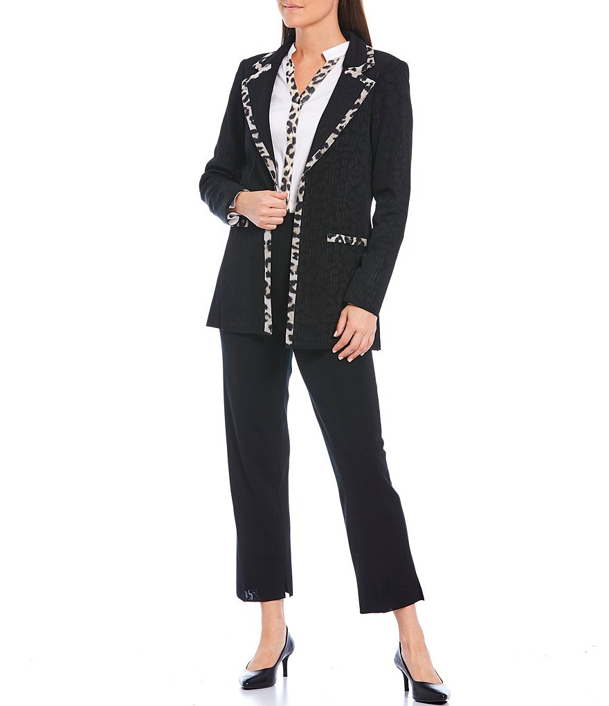 Ming Wang Cheetah Print Contrast Trim Notch Lapel Jacket