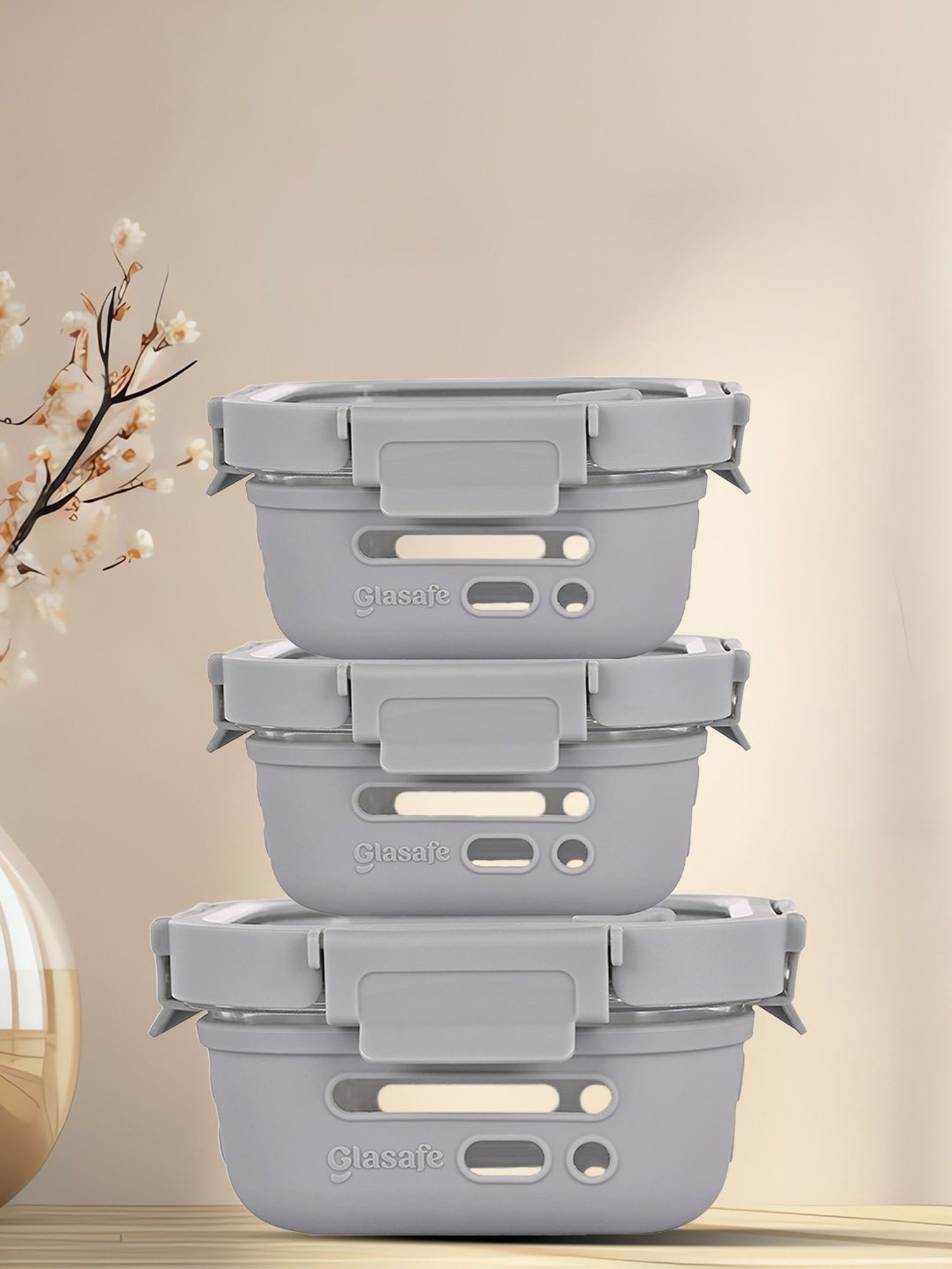 Glasafe Fresh Grip Slate Grey Borosilicate Tiffin - Set of 3