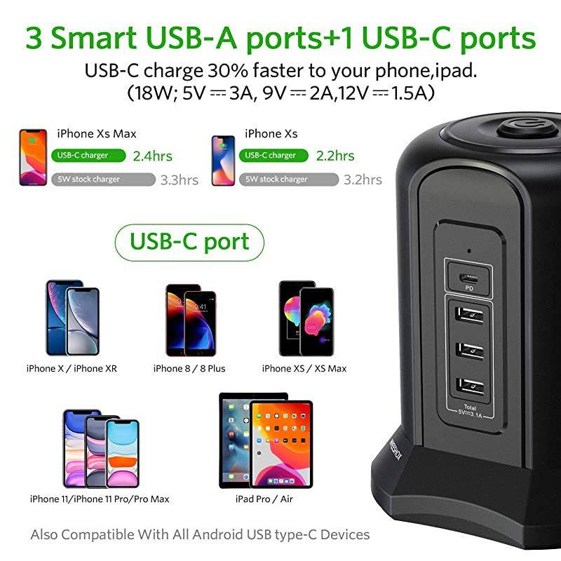 Protector Power Strip Tower 9 AC Outlet 3 USB Ports 1 USB C Ports with 10FT Extension Cord Power Strip Vertical Overload Protection, Multiple Outlets Electric Charging Station for Home Office