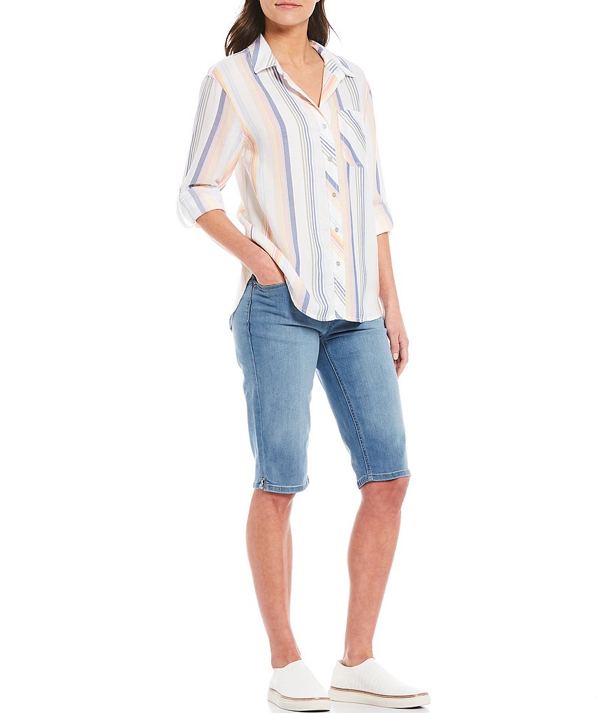 Westbound Petite Size Candy Stripe Roll Sleeve Button Front Shirt