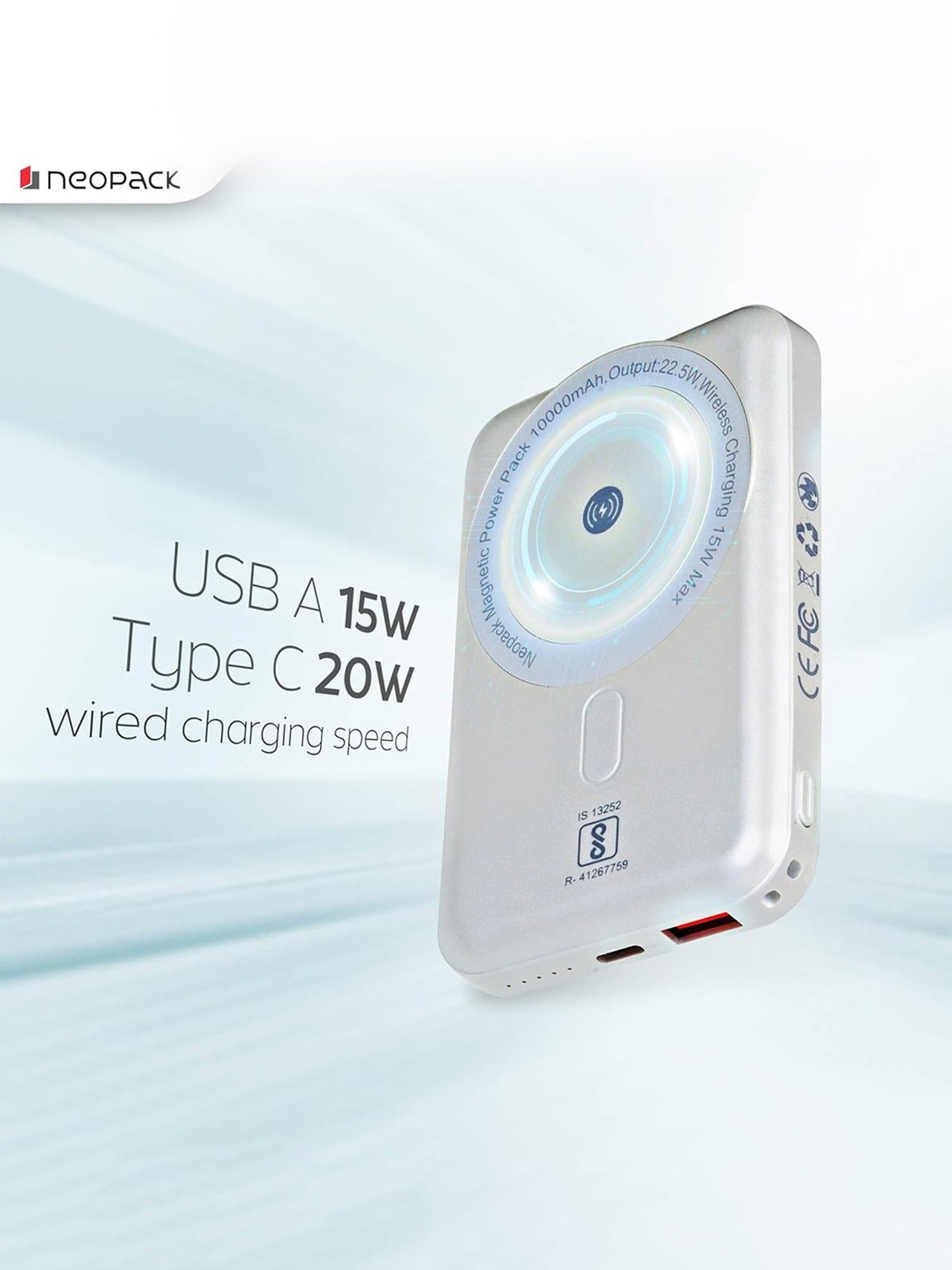 Neopack Magnetic Power Pack 10000 MAh MagSafe Compatible Wireless Charging Power Bank (White)