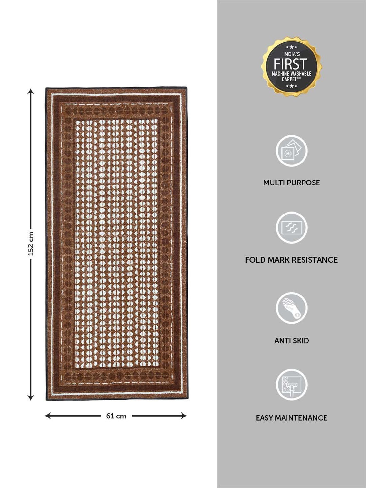 Welspun Blissful Brown Polyester 400 GSM Anti Skid Runner