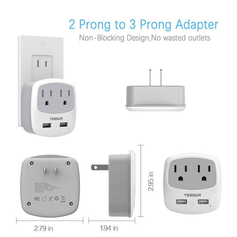 TESSAN 3 to 2 Prong USB Outlet Plug, Japan Power Adapter with 2 Wall Charger Extender Cruise Ship Accessories, Travel Multi Plug Adaptor for US to Japanese - Type A Plug Splitter