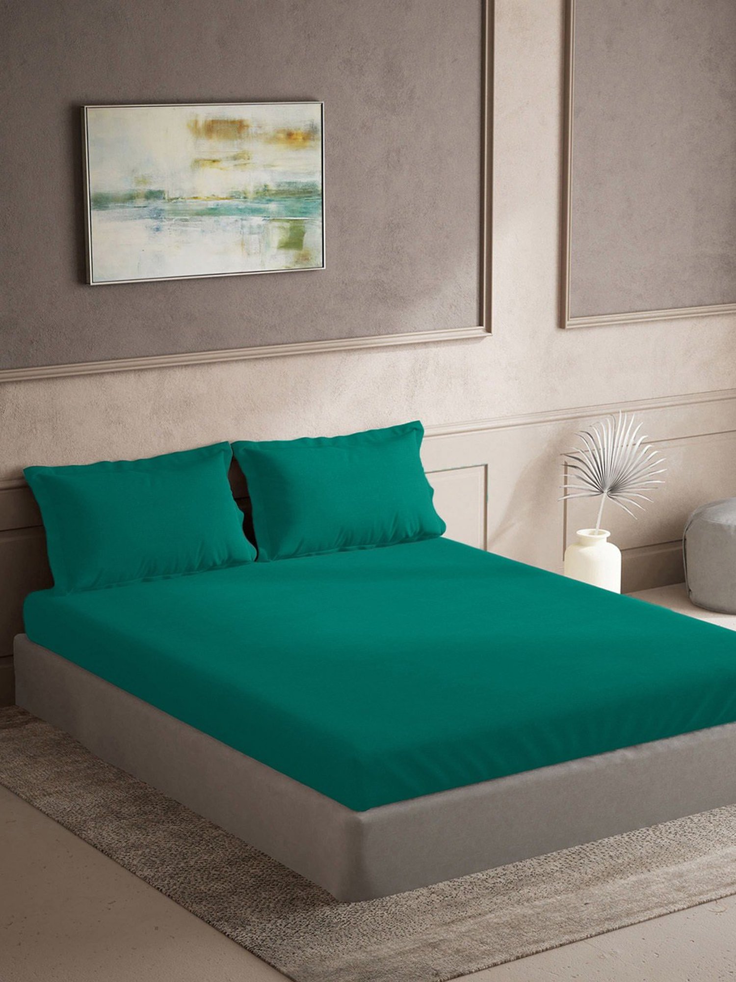 TARA Sparkling Homes Teal 300 TC Cotton King Bedsheet With 2 Pillow Covers