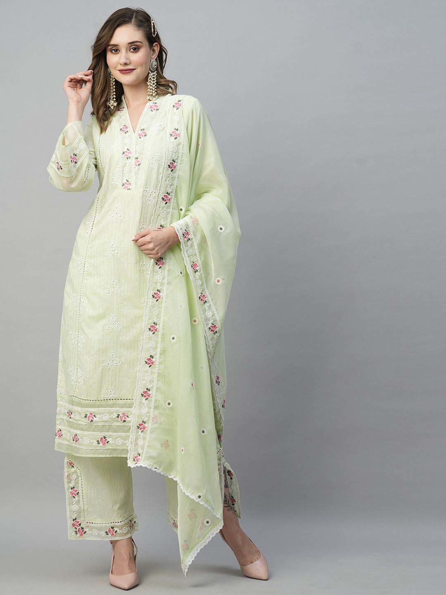 Heeposh Green Cotton Embroidered Kurta Palazzo Set With Dupatta
