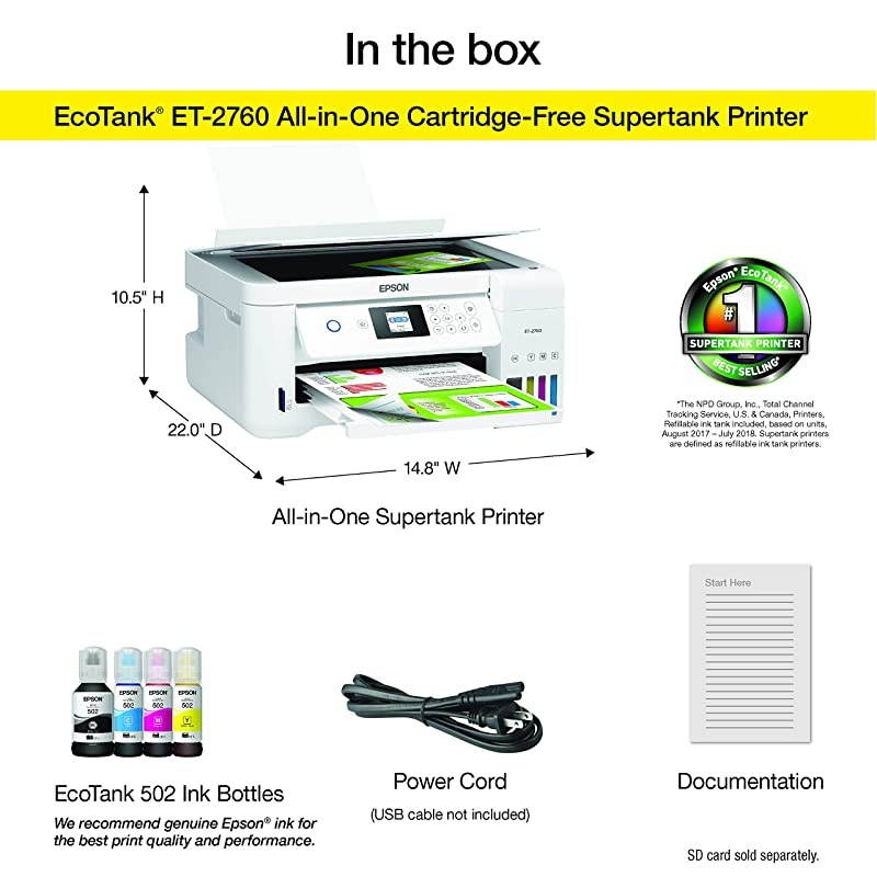 EcoTank ET-2760 Wireless Color All-in-One Cartridge-Free Supertank Printer with Scanner and Copier
