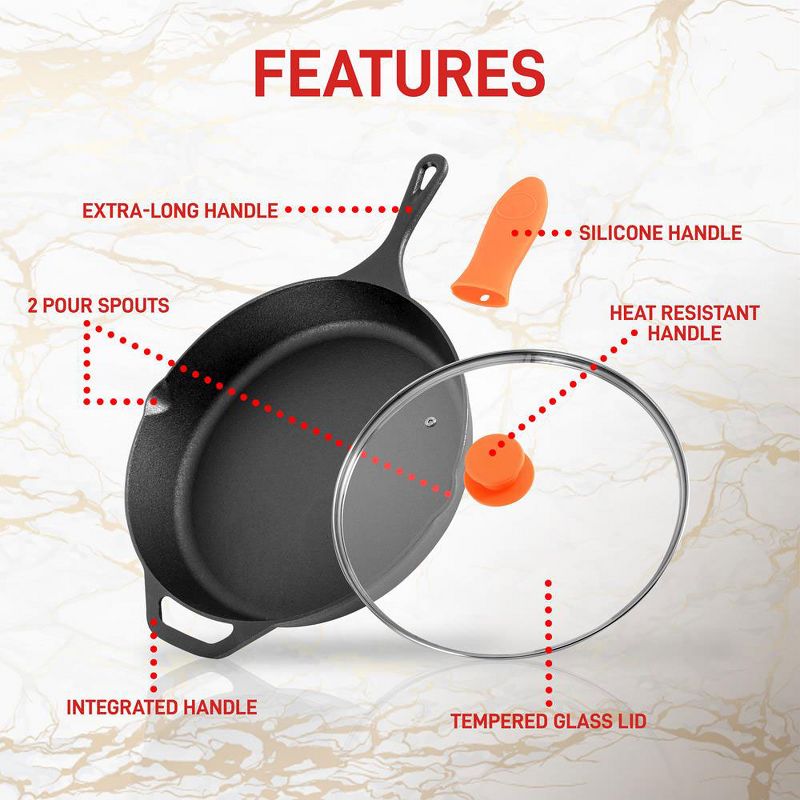 NutriChef NCCI12 12 Inch Pre Seasoned Nonstick Cast Iron Skillet Frying Pan Kitchen Cookware Set with Tempered Glass Lid and Silicone Handle Cover
