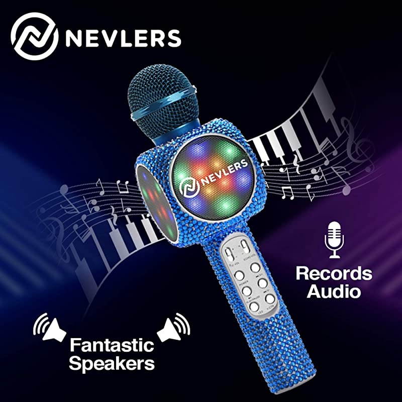 Karaoke Microphone with Wireless Bluetooth Speaker, Voice Changer and Colorful LED Lights, Easy to Use Portable Karaoke Machine for Kids and Adults - Blue Bling