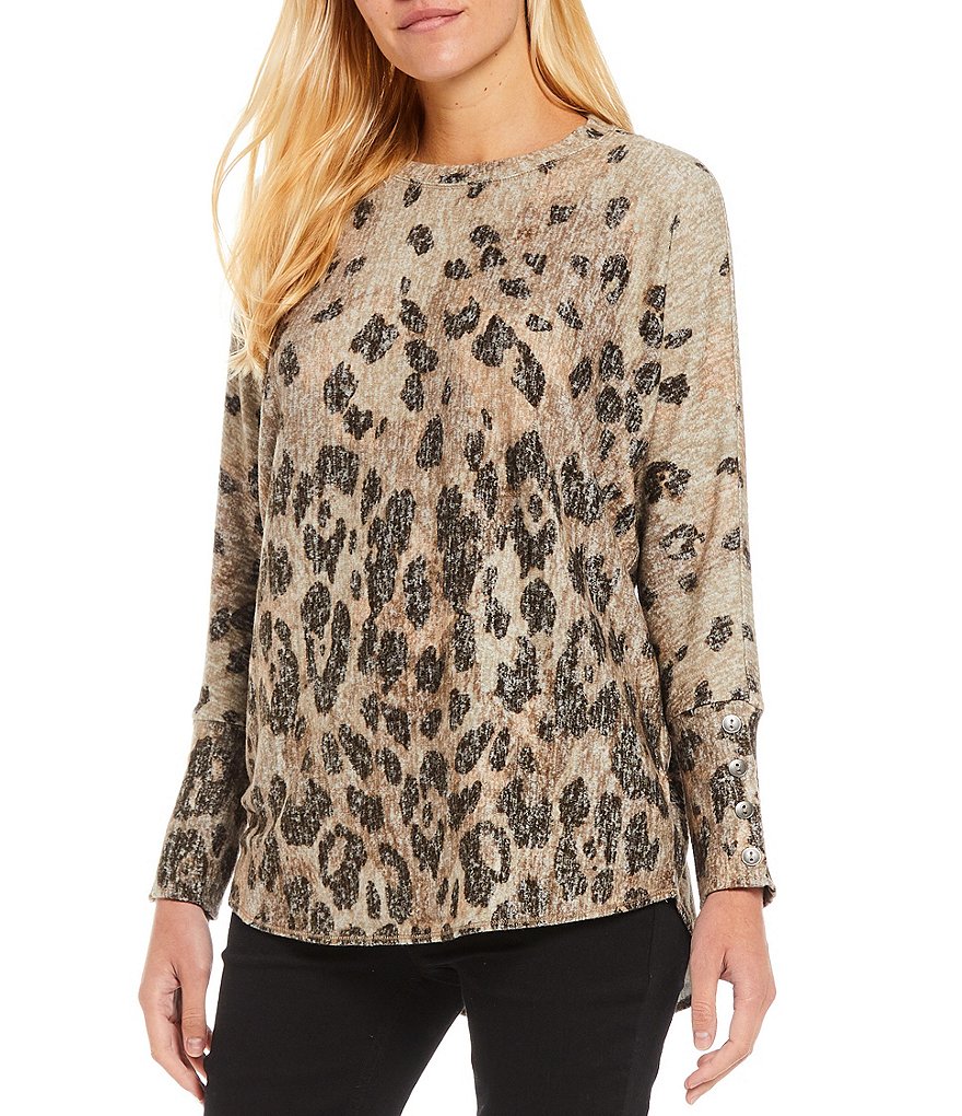 Westbound Petite Size Animal Print Button Cuff Long Sleeve Ribbed Hem Knit Top
