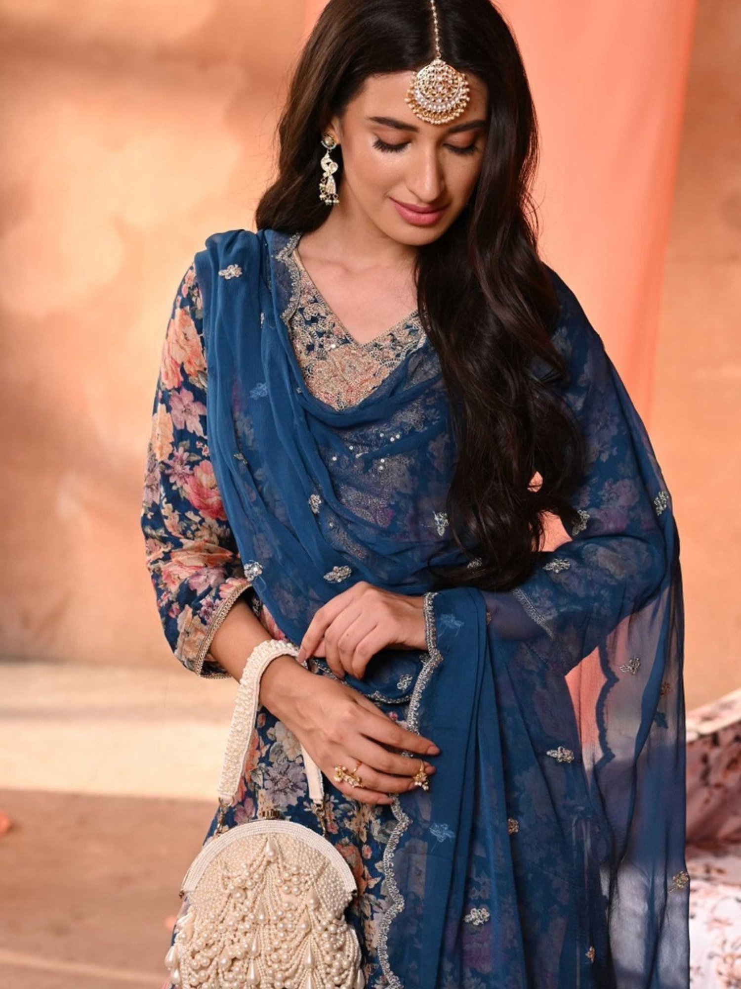 Mahee Jaipur Blue Dilkash Floral Kurta with Sharara and Marodi Work and Scallope Dupatta