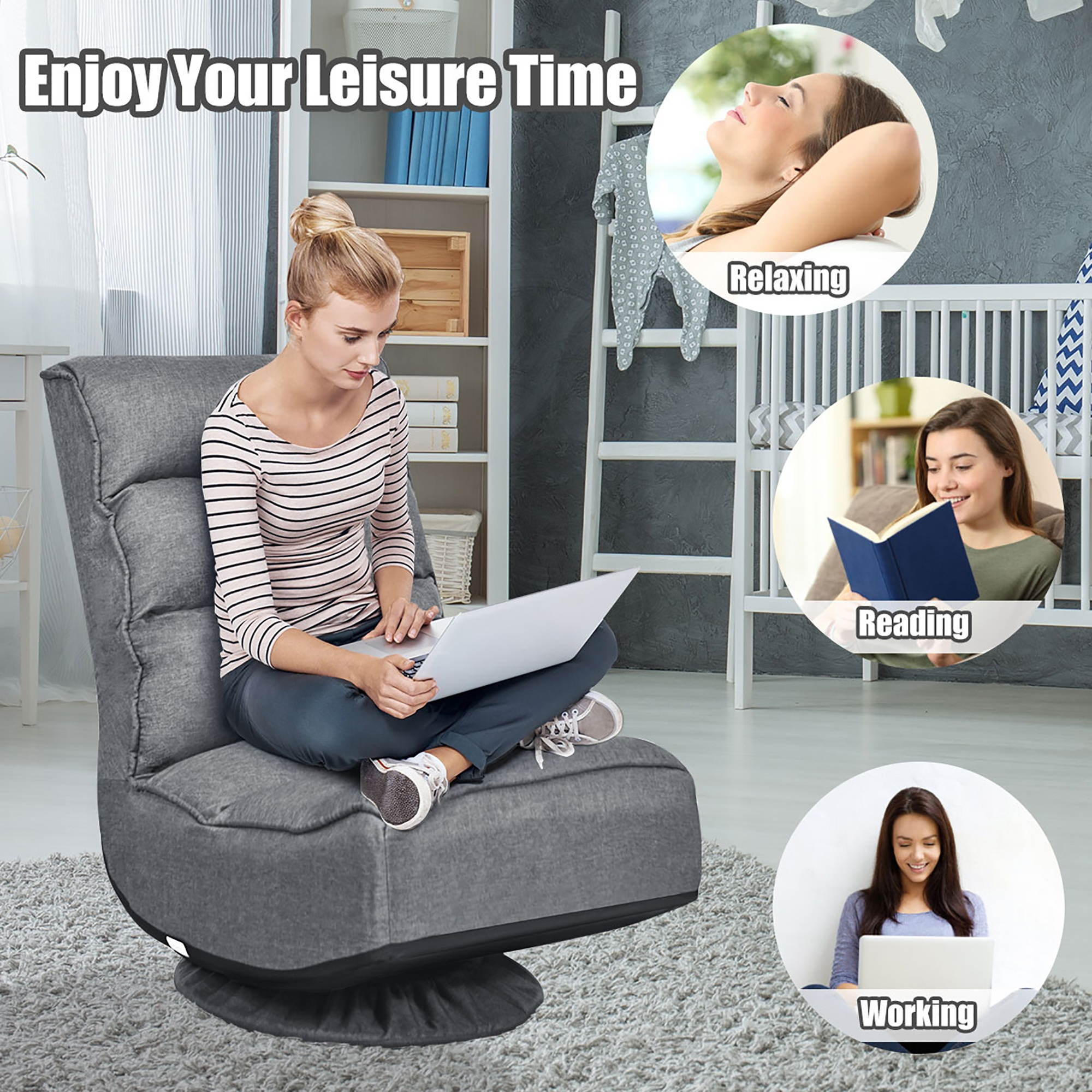 Folding Game Chair Floor Lazy Sofa 4-Position Adjustable 360 Degree Swivel Gray