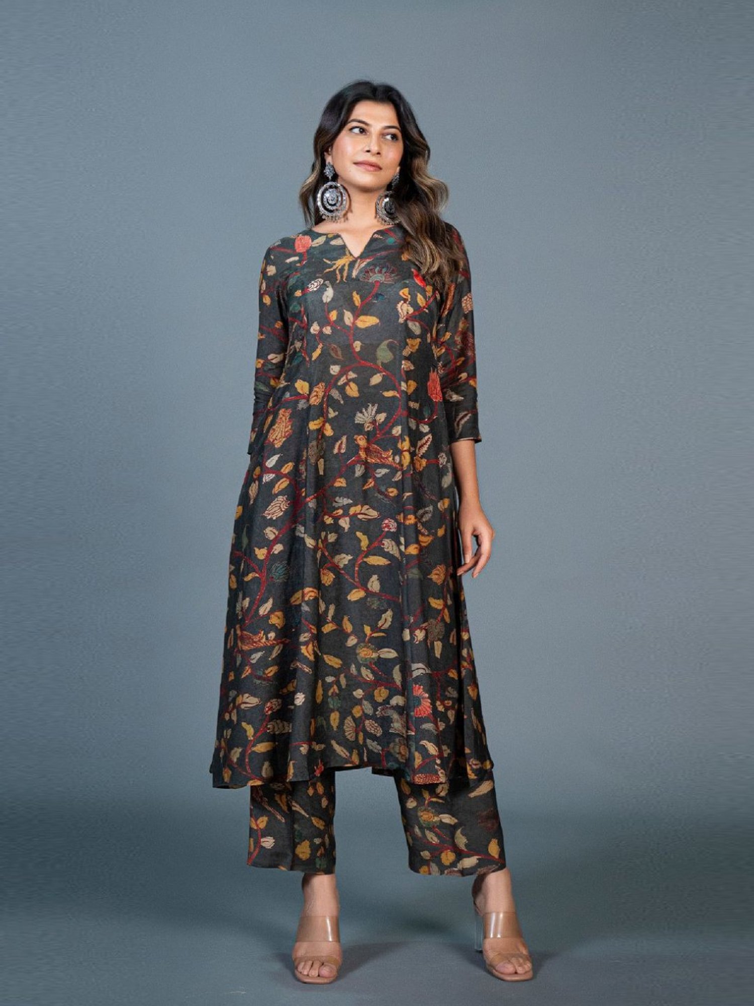 Eeshva India Dark Green Kalamkari Printed Kali Kurta