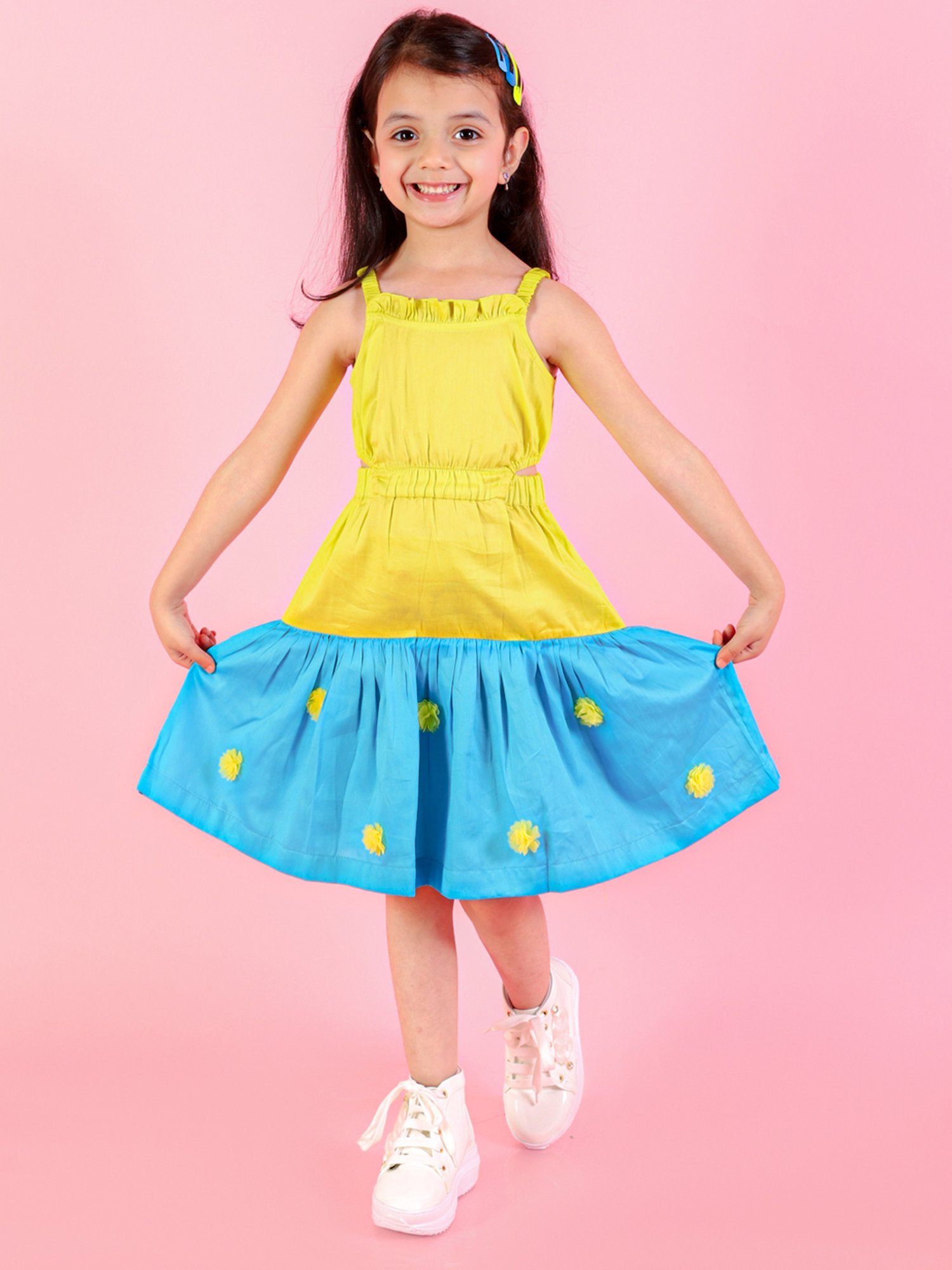 Lil Drama Kids Yellow & Blue Solid Dress