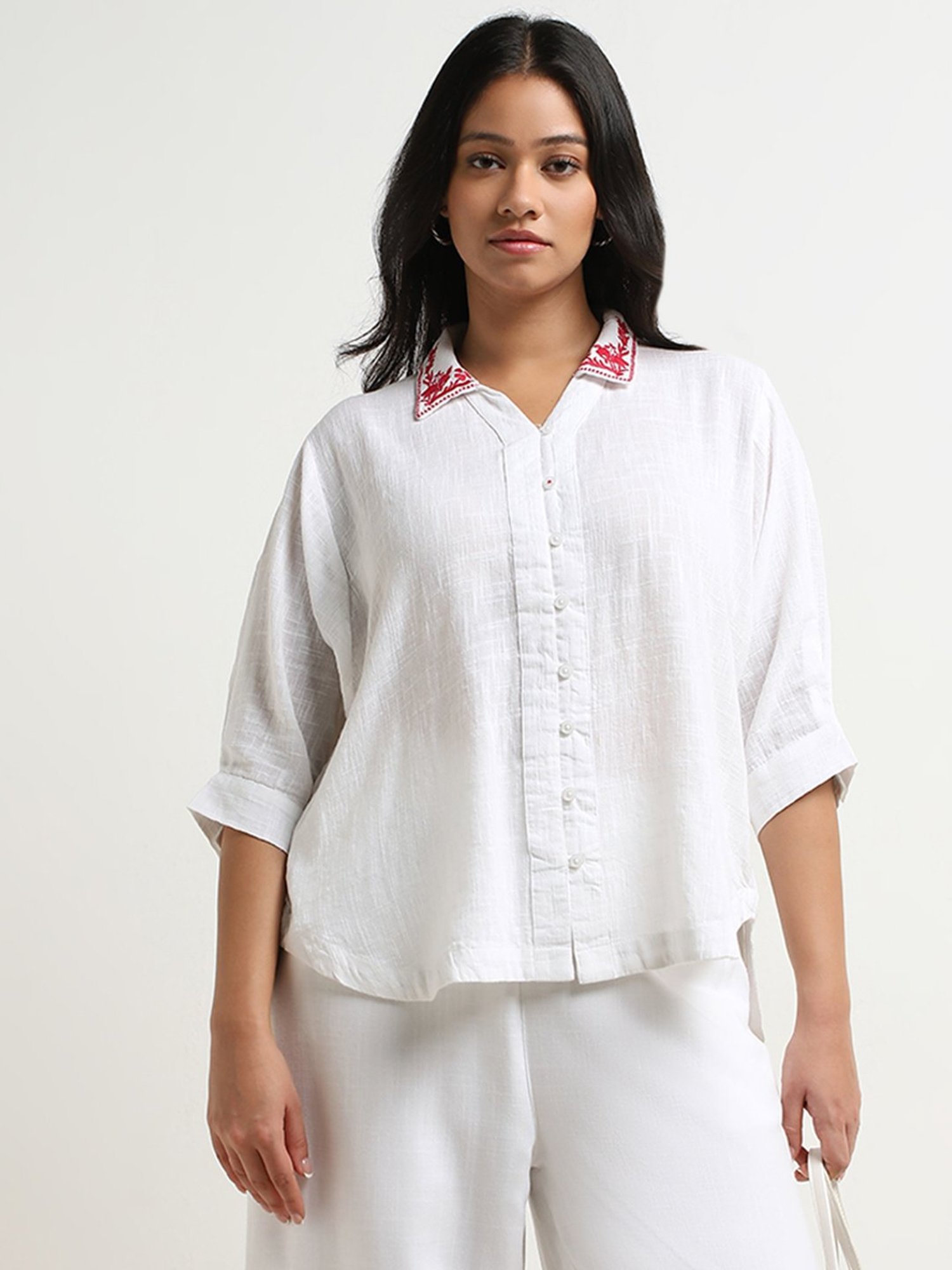 Gia by Westside White Floral Embroidered High-Low Cotton Blouse