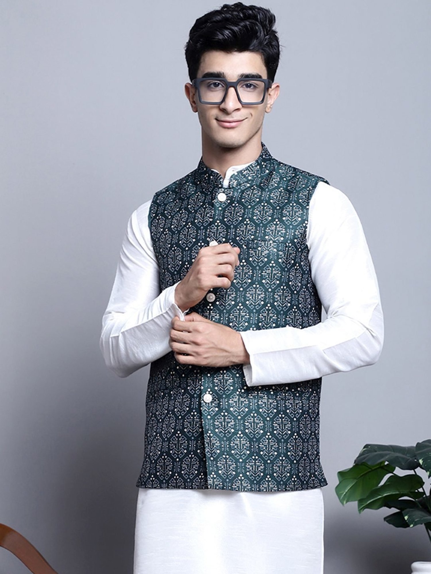 Jompers Olive Regular Fit Printed Nehru Jacket