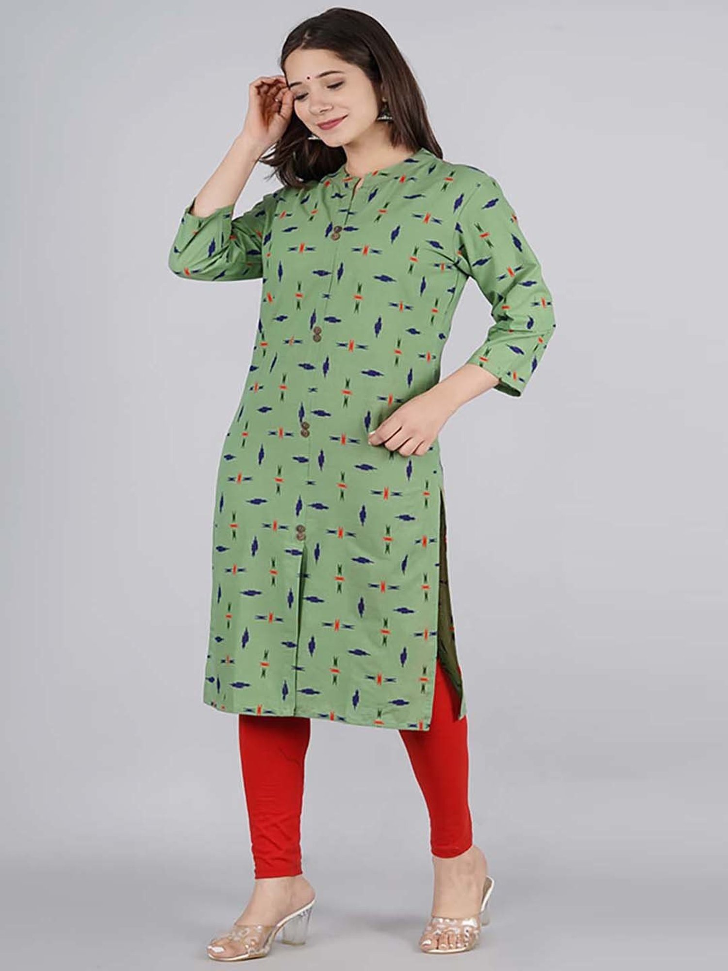 Kipek Green Cotton Printed Straight Kurta