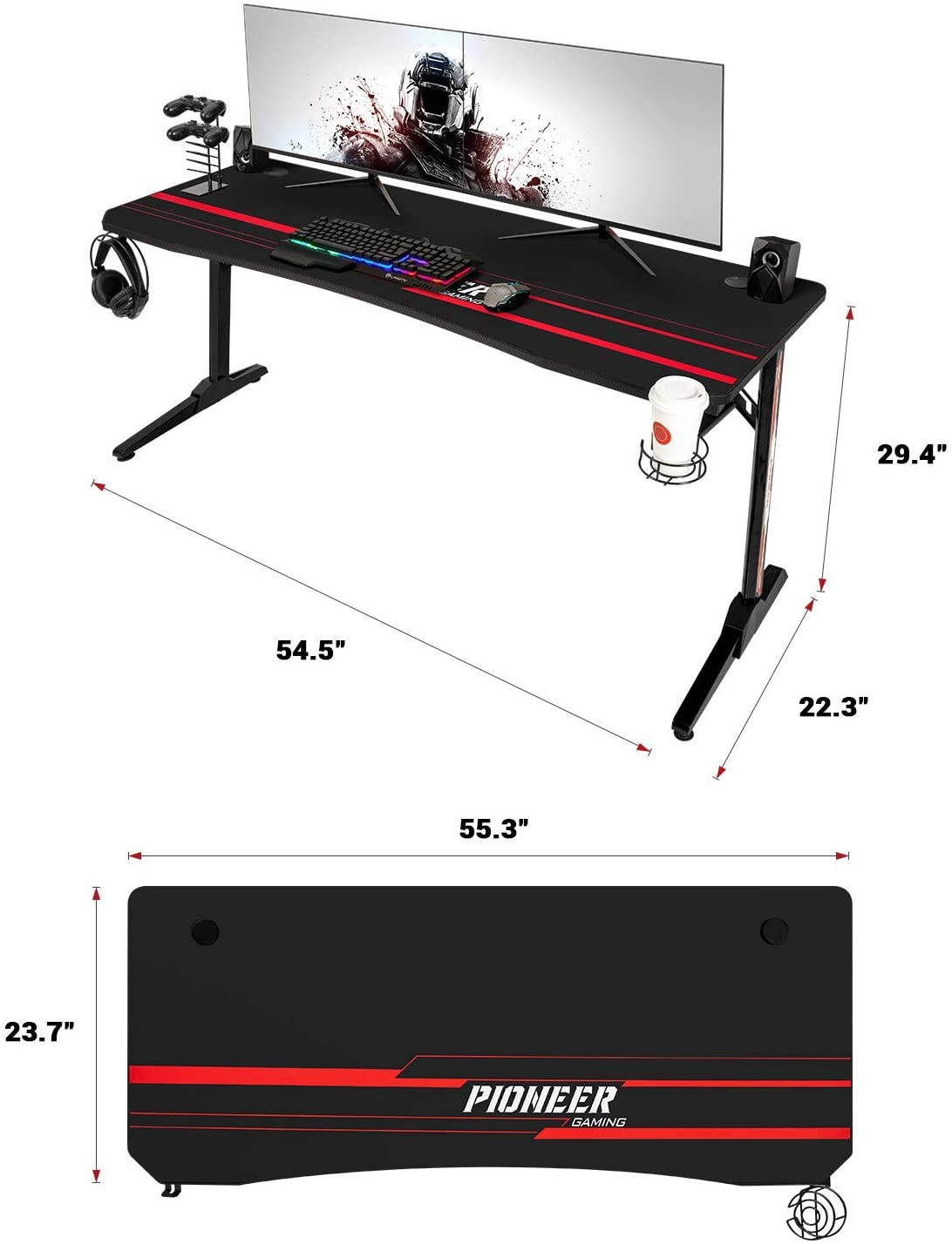 Devoko 55 Inch Gaming Desk T-Shaped PC Computer Table with Free Mouse Pad Carbon Fibre Surface Home Office Desk Gamer Table with Game Handle Rack Headphone Hook and Cup Holder (Black)