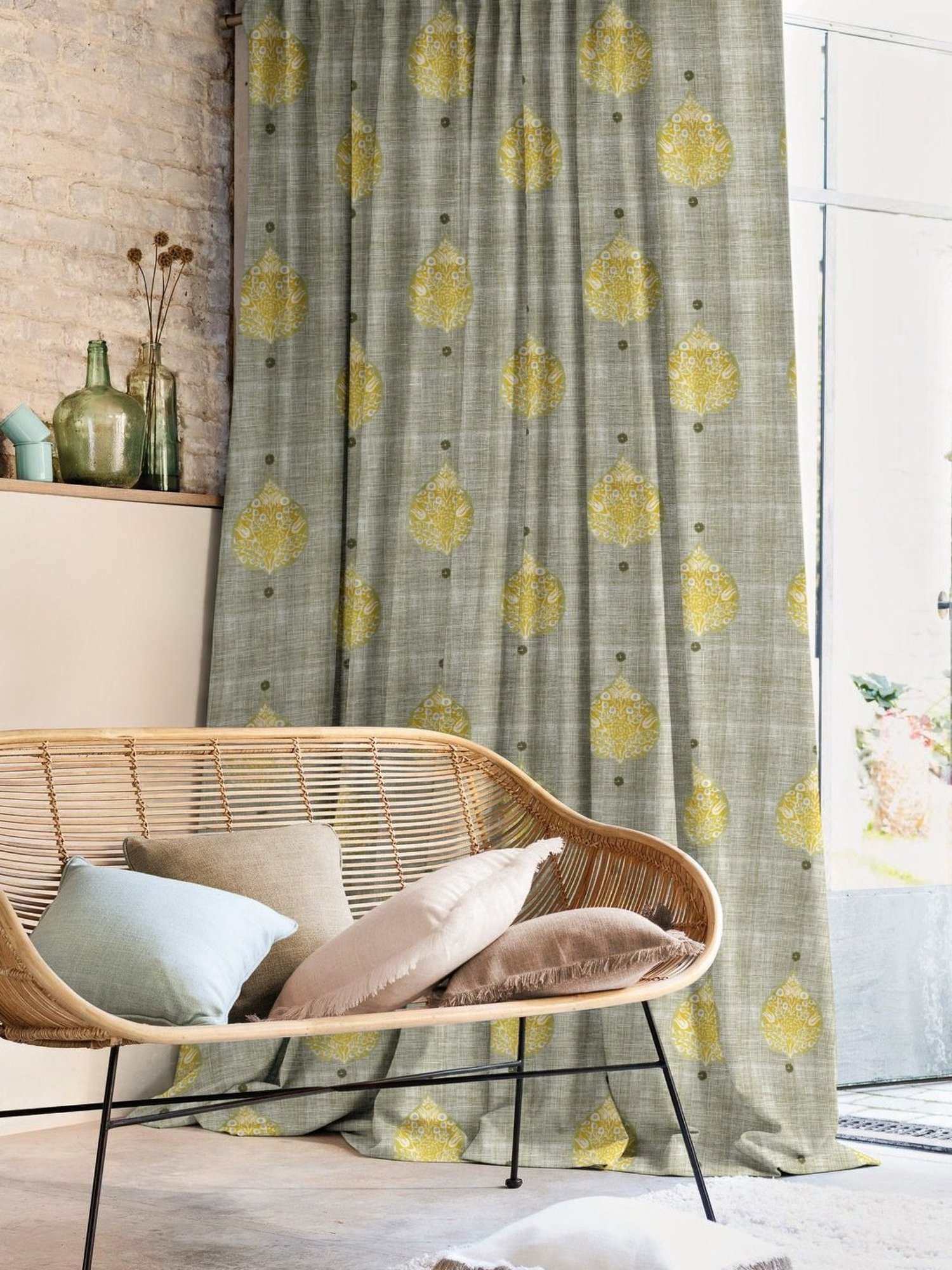 SPACES DRAPE STORY Elegent Grey & Yellow Polyester 8 FT Door Curtain - Set of 2