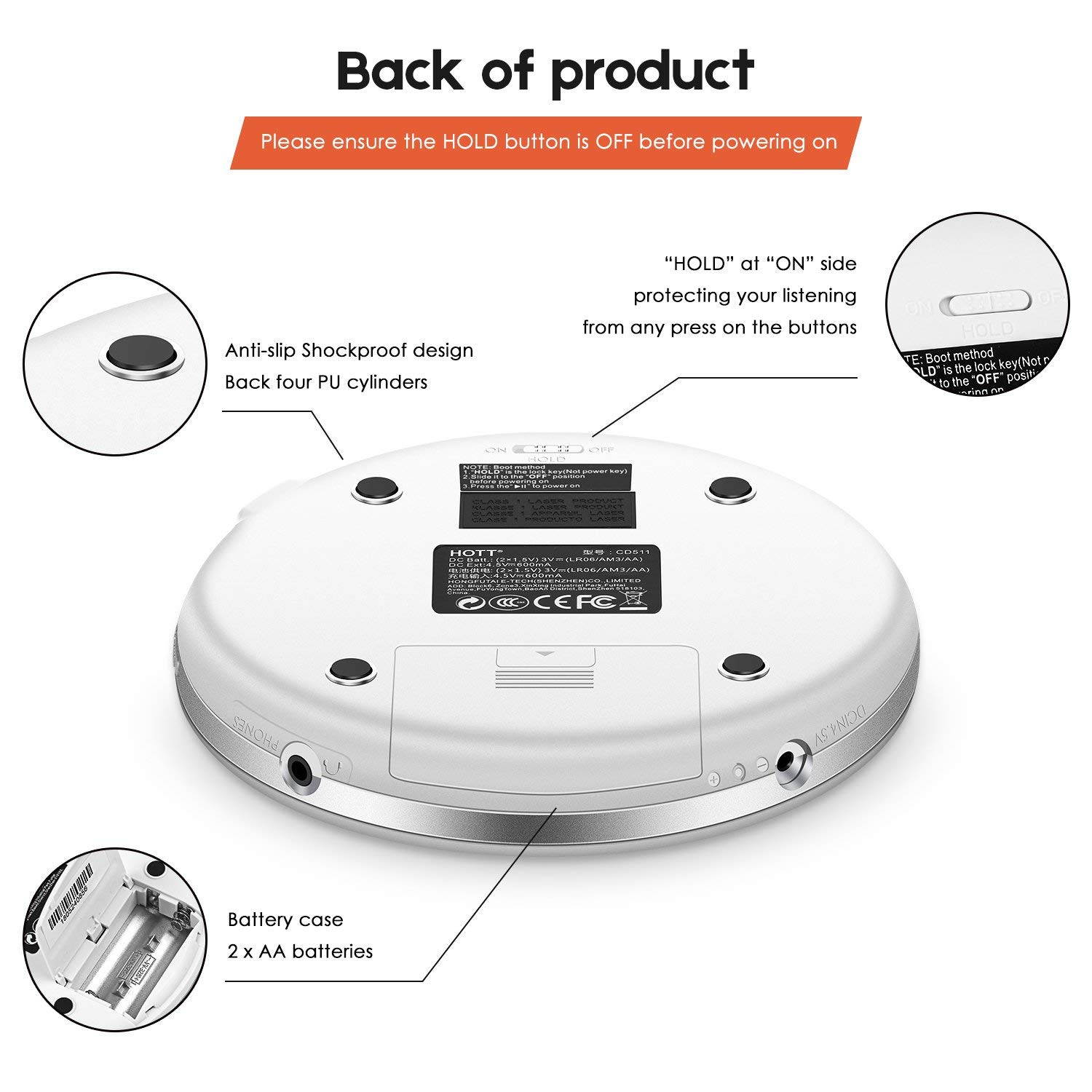 CD Player with Headphones, HOTT Personal CD Walkman Music Player with LCD Display, Skip Protection Shockproof Anti Scratch Function, Support CD, MP3 CD, CD-R, CD-RW Format - Black