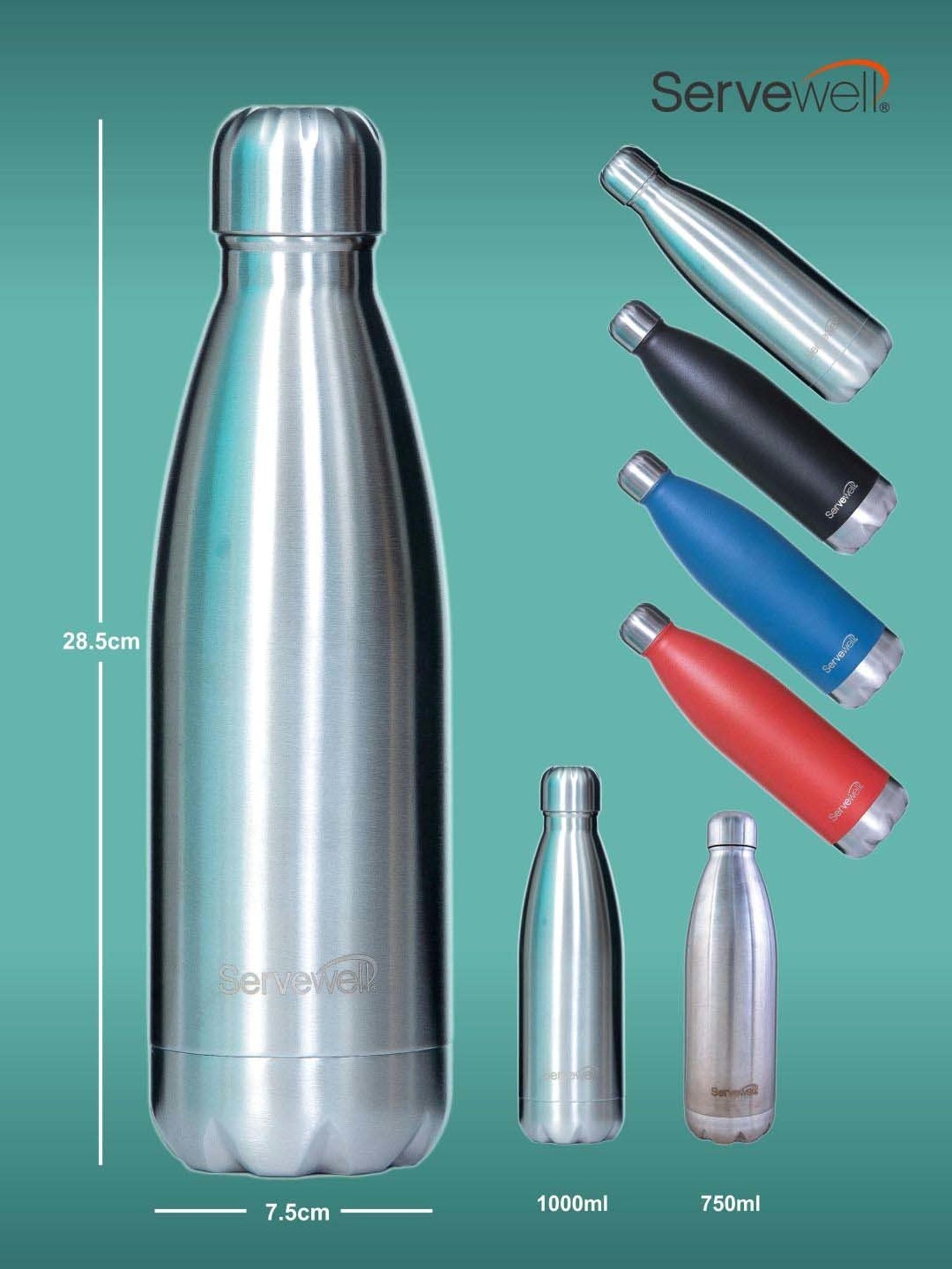 Servewell Silver Steel Bali Single Wall Water Bottle (1 L)