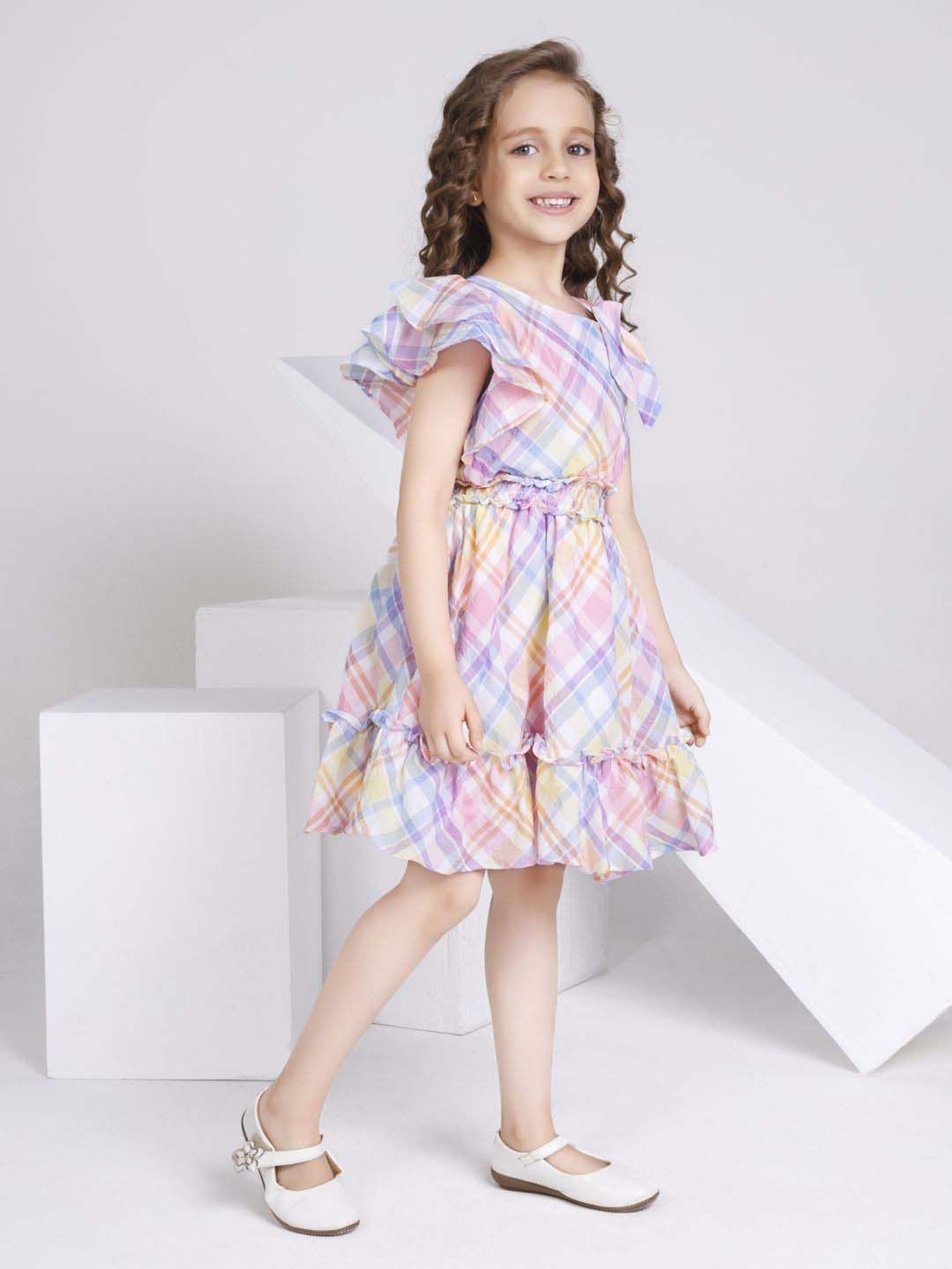 Peppermint Girls Multicolor Cotton Checks Dress