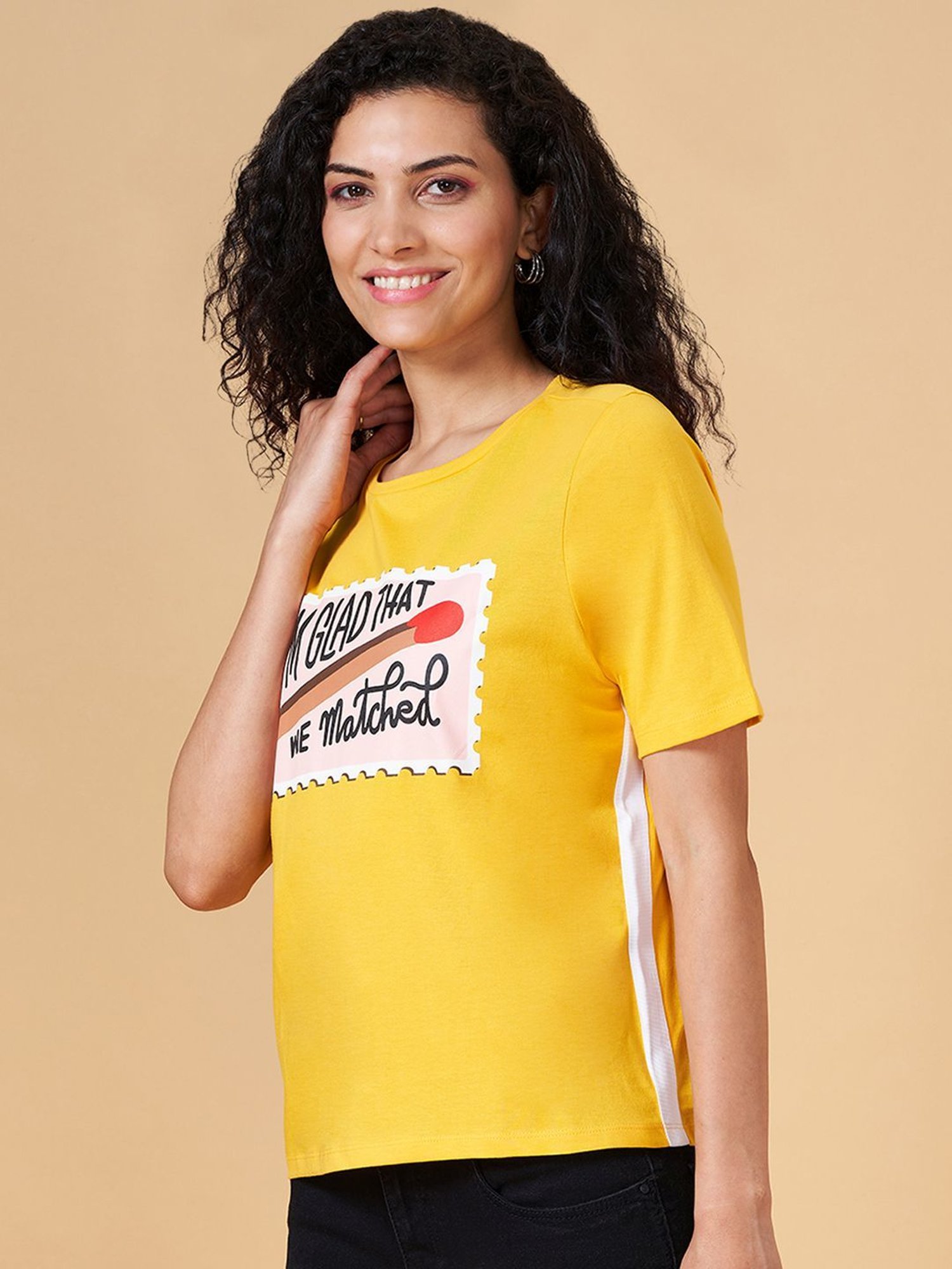 People by Pantaloons Yellow Cotton Graphic Print T-Shirt