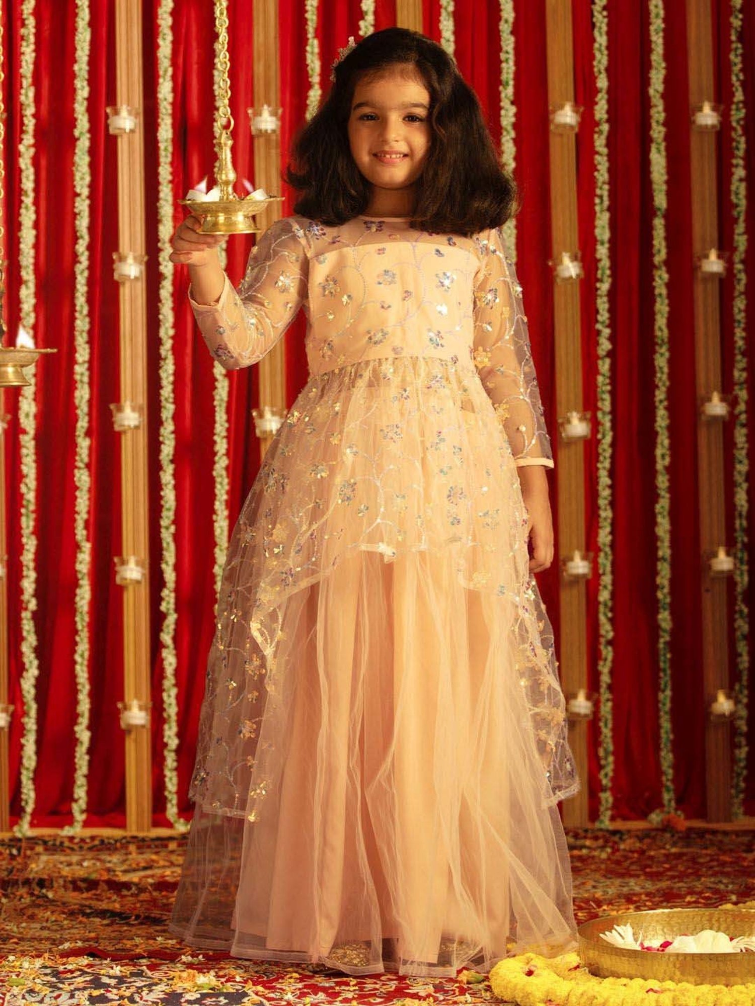 VASTRAMAY Girls Peach Embroidery Lehenga Cholis