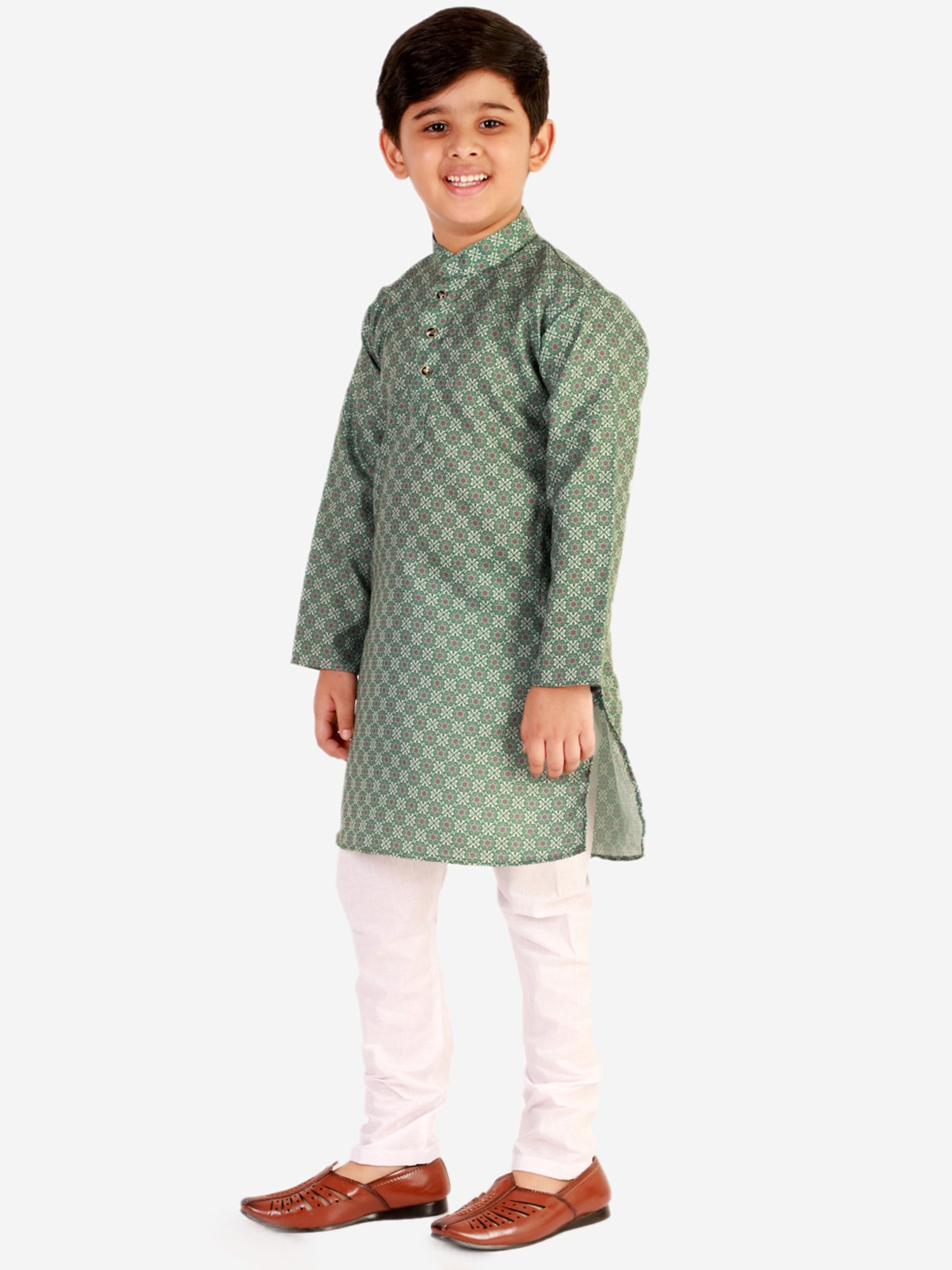 Pro-Ethic Style Developer Kids Green & White Floral Full Sleeves Kurta with Pyjamas