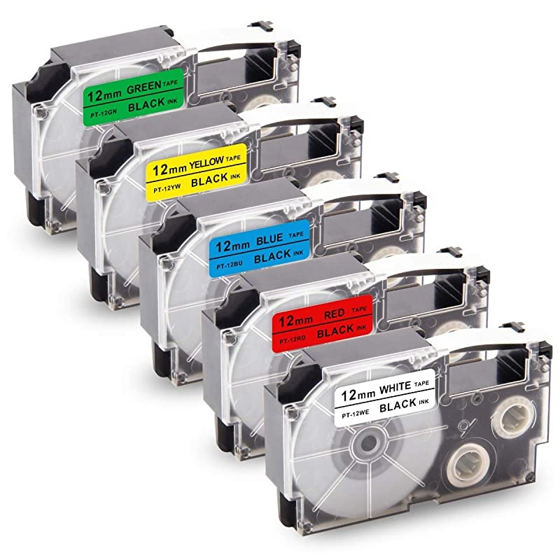 Replacement for Casio XR12WE XR12RD XR12BU XR12YW XR12GN Label Tape for Casio KL60 KL100 KL750 KL120 KL820 EZ Label Maker 12quot x 262 Black on WhiteRedBlueYellowGreen 5Pack