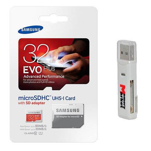 Samsung Evo Plus 32GB MicroSD HC Class 10 UHS-1 Mobile Memory Card for Samsung Galaxy S7 & S7 Edge with USB 2.0 MemoryMarket Dual Slot MicroSD & SD Memory Card Reader