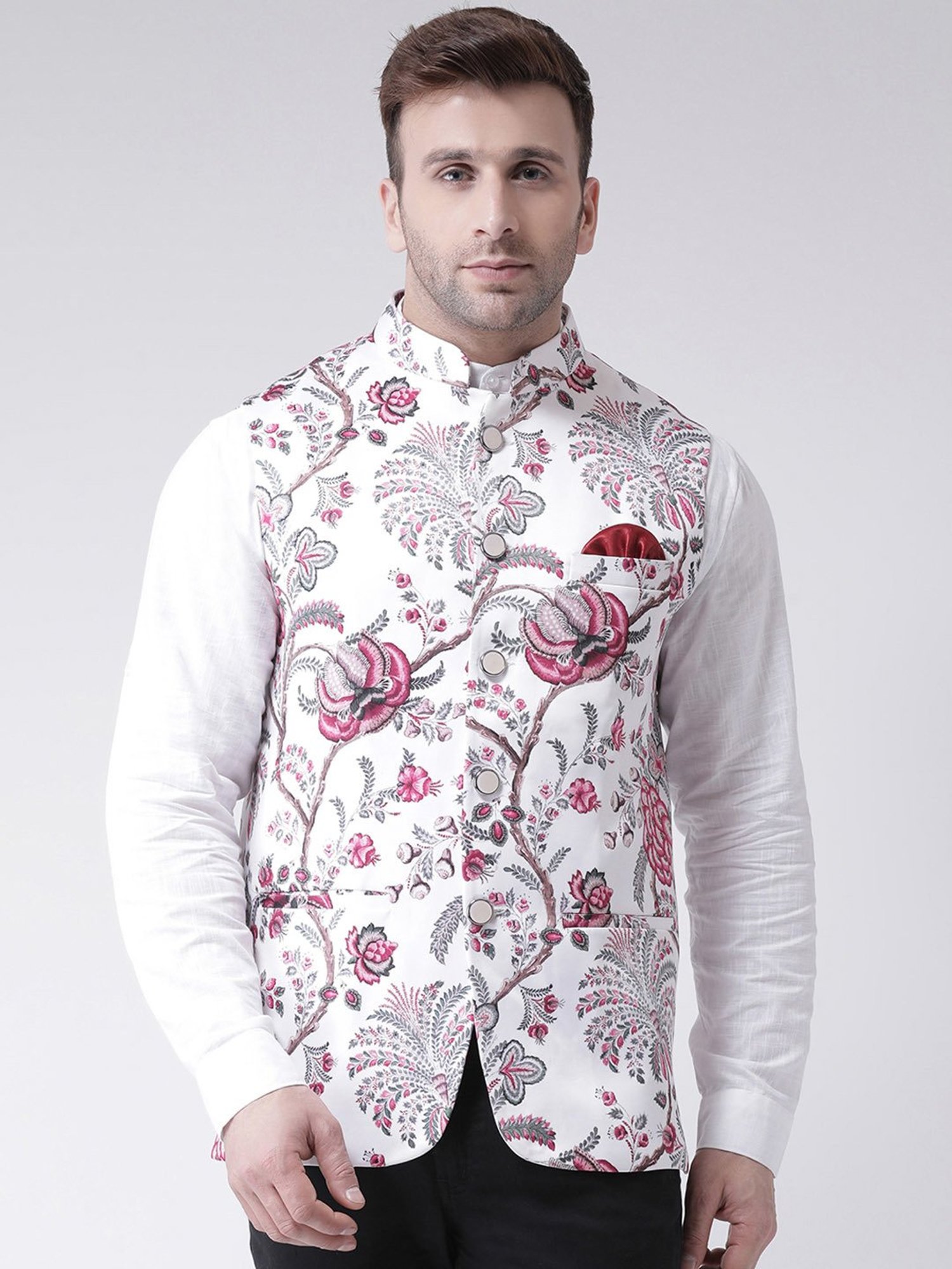 Hangup Plus White Regular Fit Floral Print Nehru Jacket