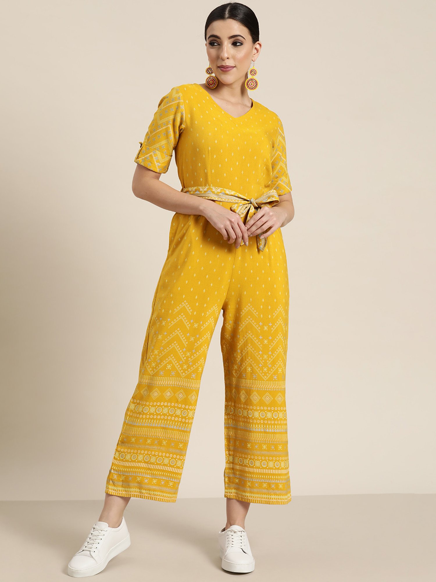 Juniper Mustard Ethnic Motif Printed Rayon Flex Jumpsuit