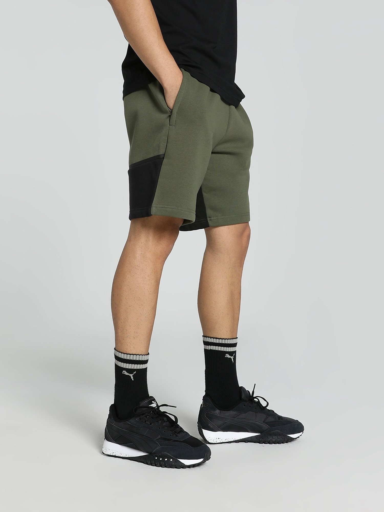 Puma teamCUP Green Moss Cotton Regular Fit Colour Block Sports Shorts