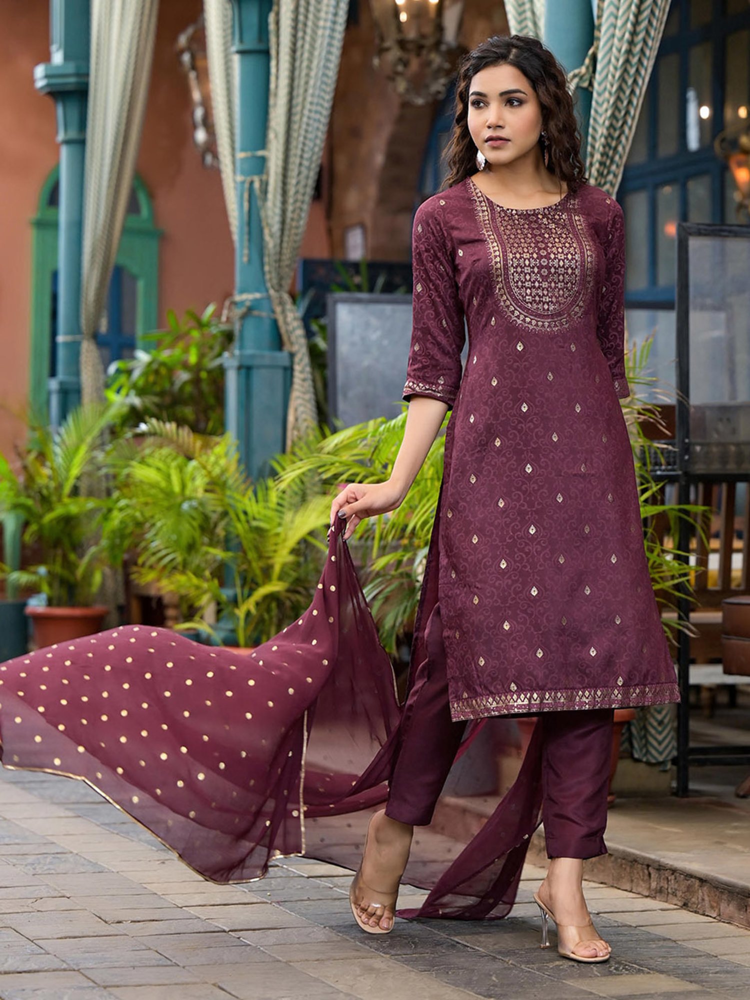 Juniper Wine Printed Kurta With Pant & Dupatta
